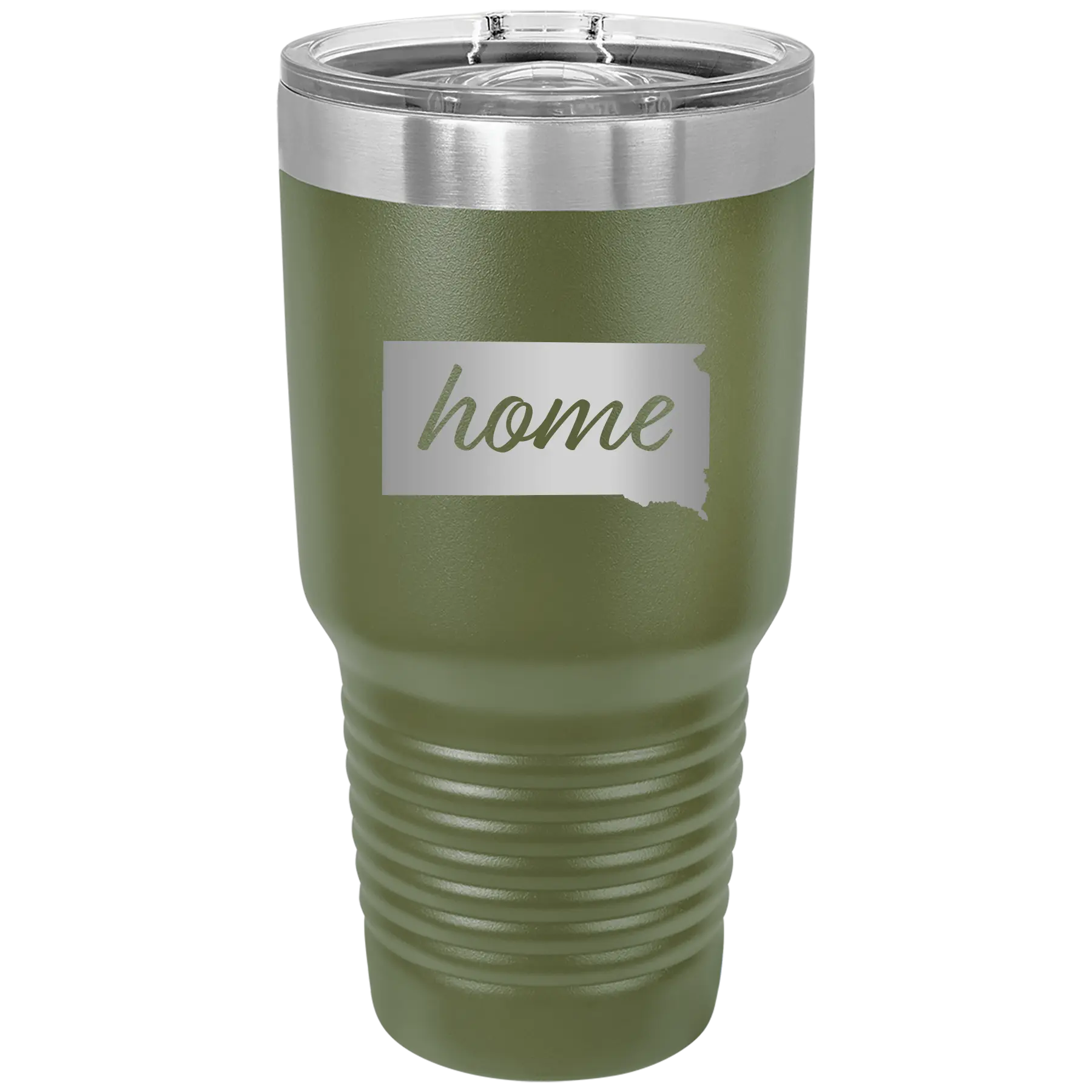Laser etched olive green 30 oz vacuum insulated tumbler with 'South Dakota Home' design