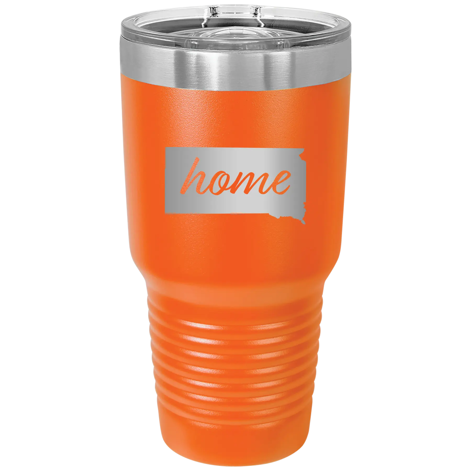 Laser etched orange 30 oz vacuum insulated tumbler with 'South Dakota Home' design