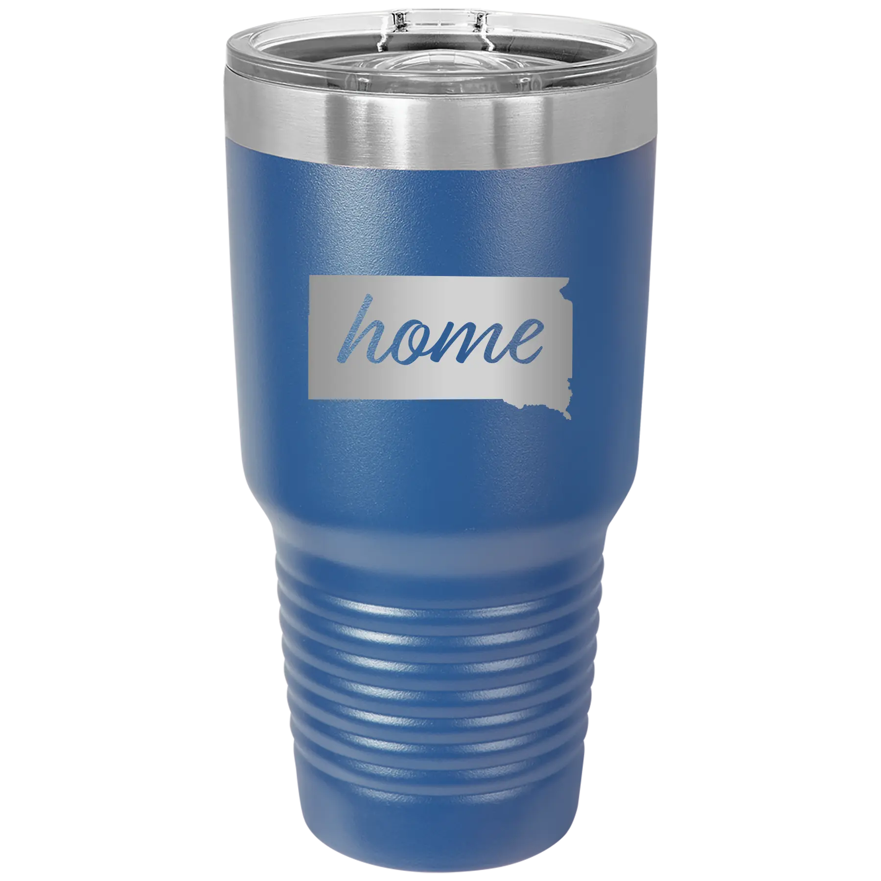 Laser etched royal blue 30 oz vacuum insulated tumbler with 'South Dakota Home' design