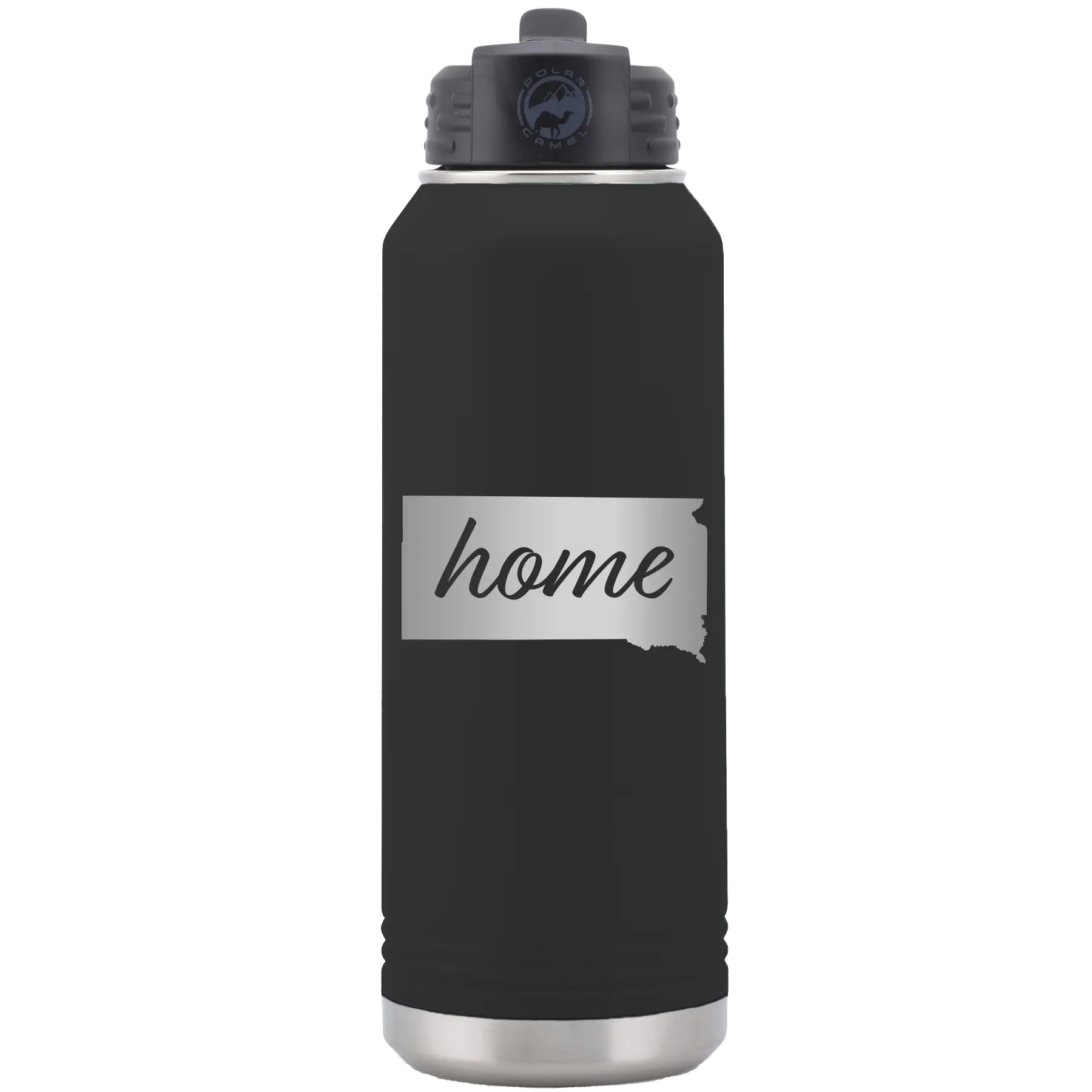 Laser etched black 32 oz vacuum insulated water bottle with 'South Dakota Home' design