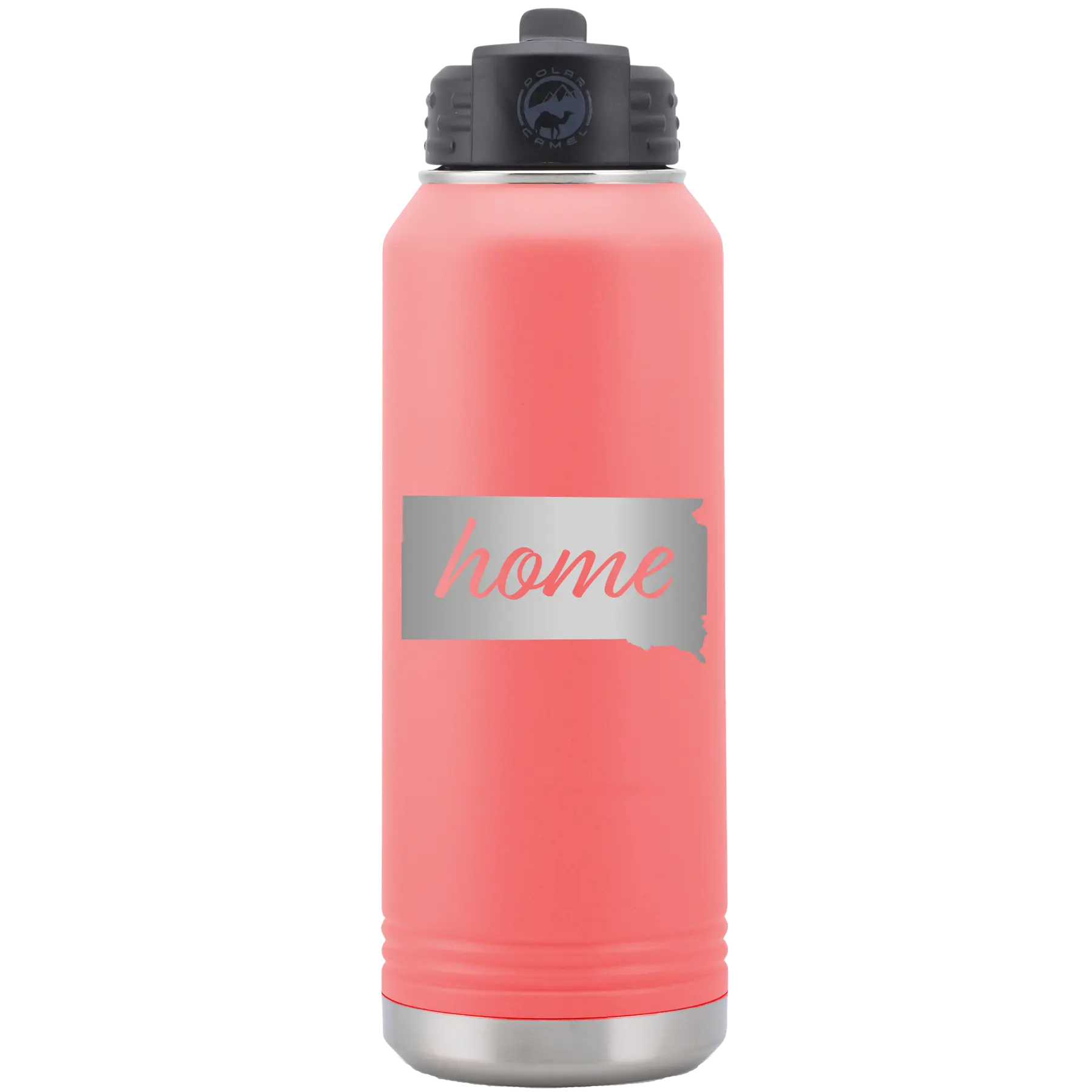 Laser etched coral 32 oz vacuum insulated water bottle with 'South Dakota Home' design