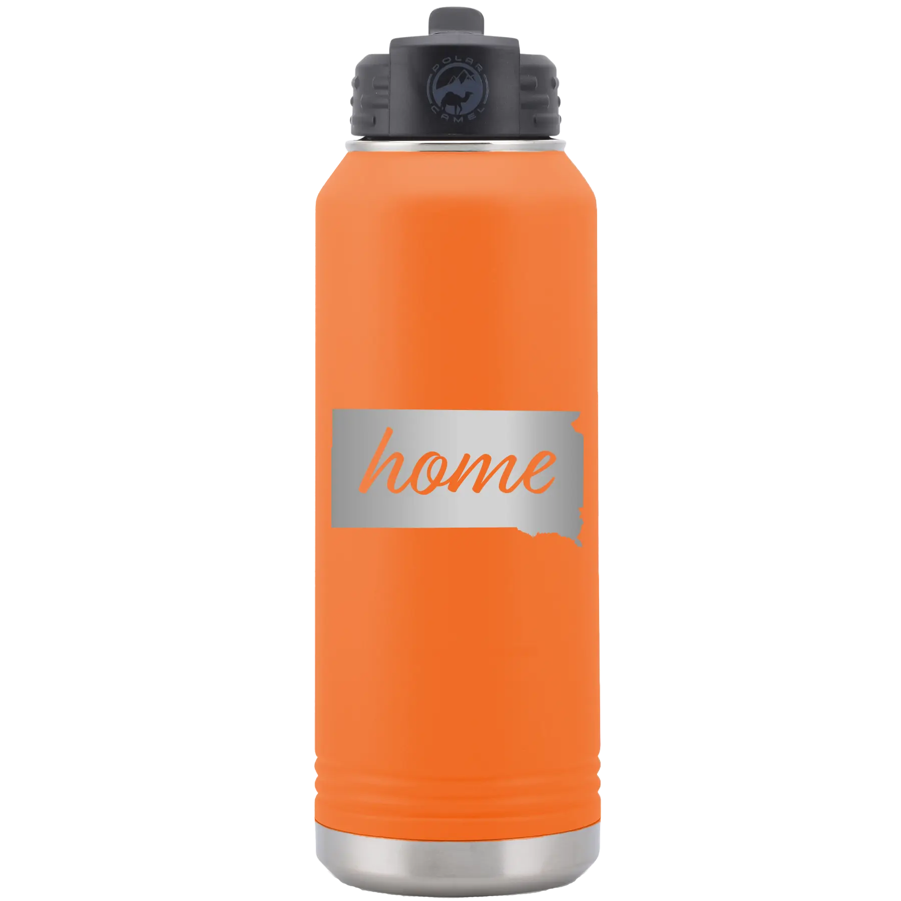 Laser etched orange 32 oz vacuum insulated water bottle with 'South Dakota Home' design