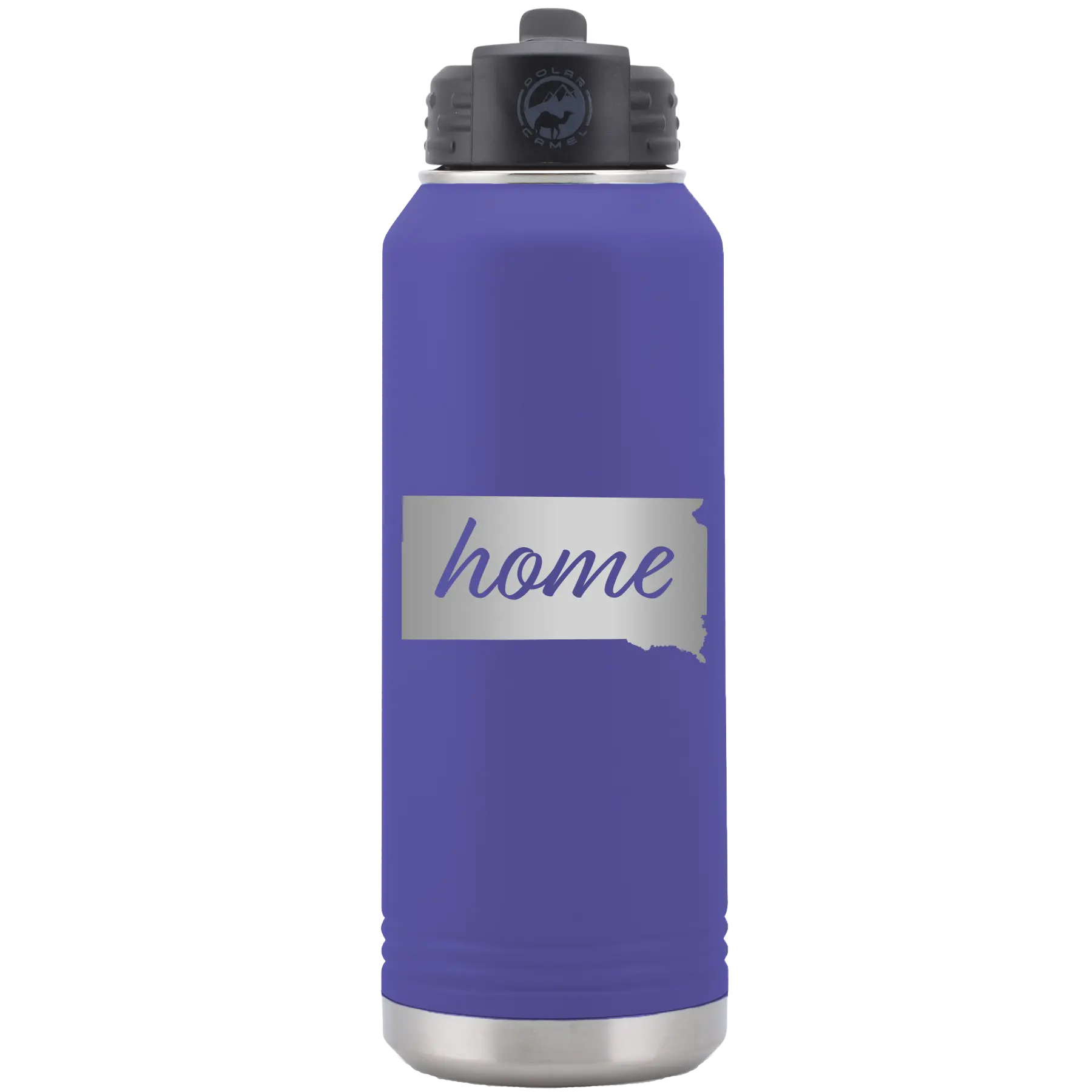Laser etched purple 32 oz vacuum insulated water bottle with 'South Dakota Home' design