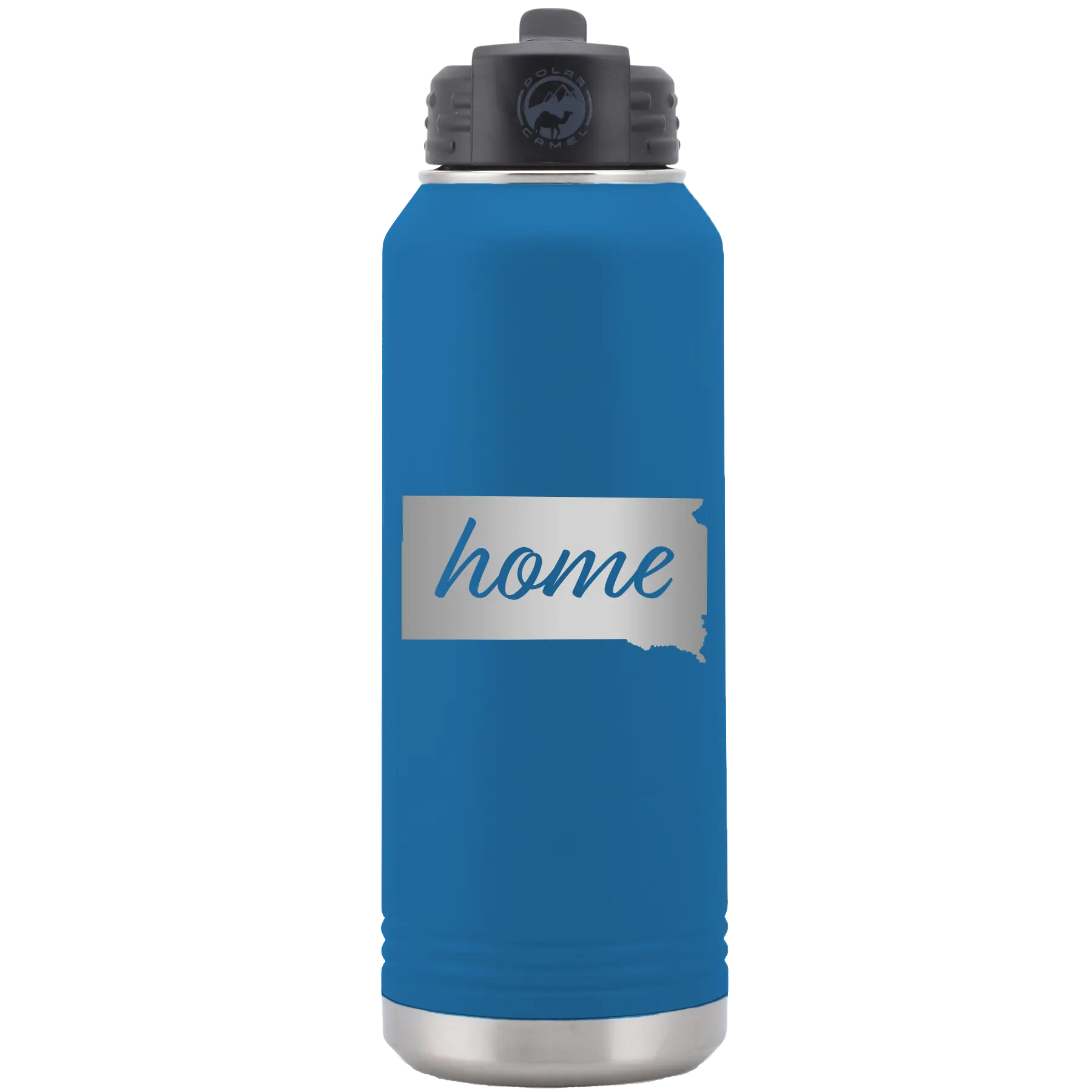 Laser etched royal blue 32 oz vacuum insulated water bottle with 'South Dakota Home' design