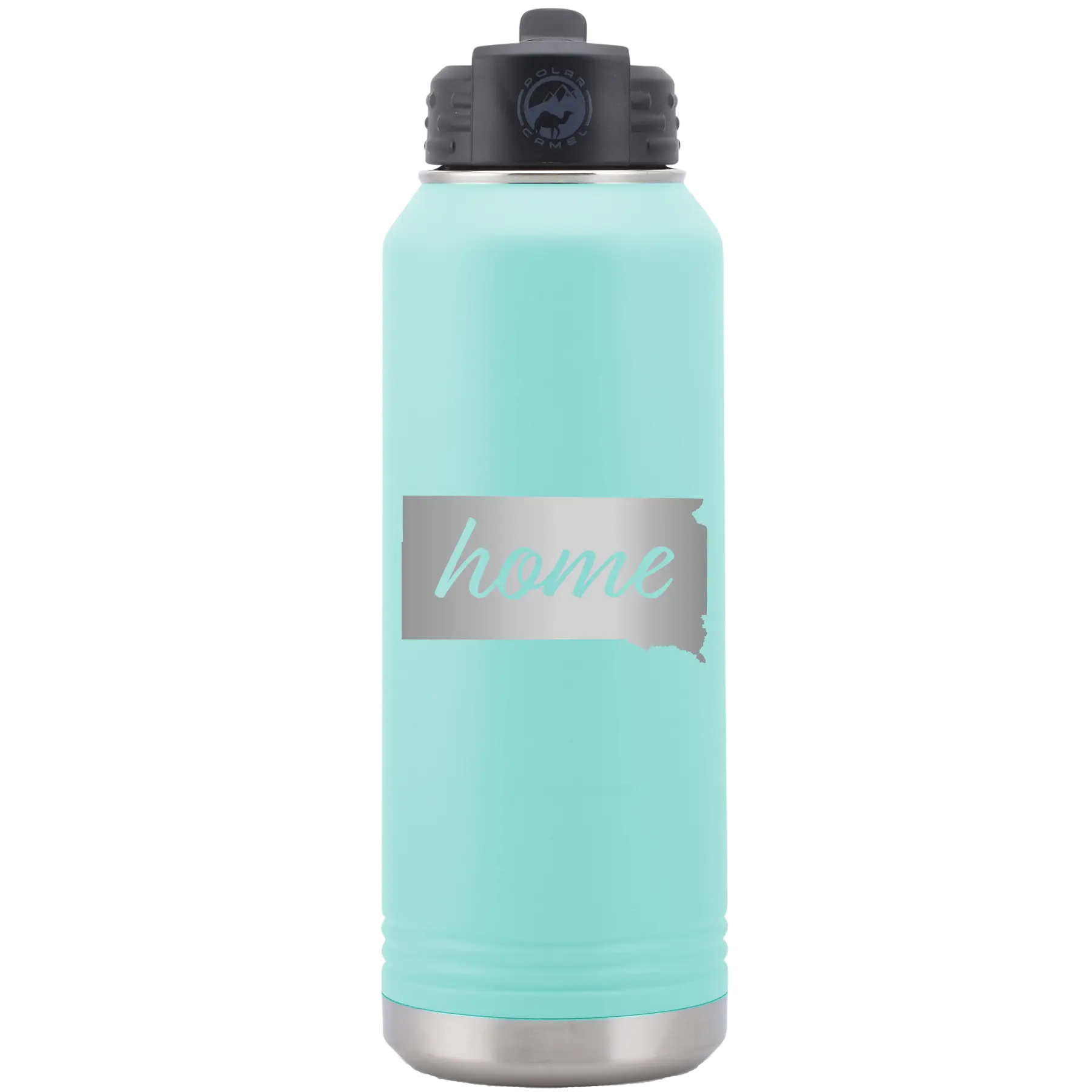 Laser etched teal 32 oz vacuum insulated water bottle with 'South Dakota Home' design