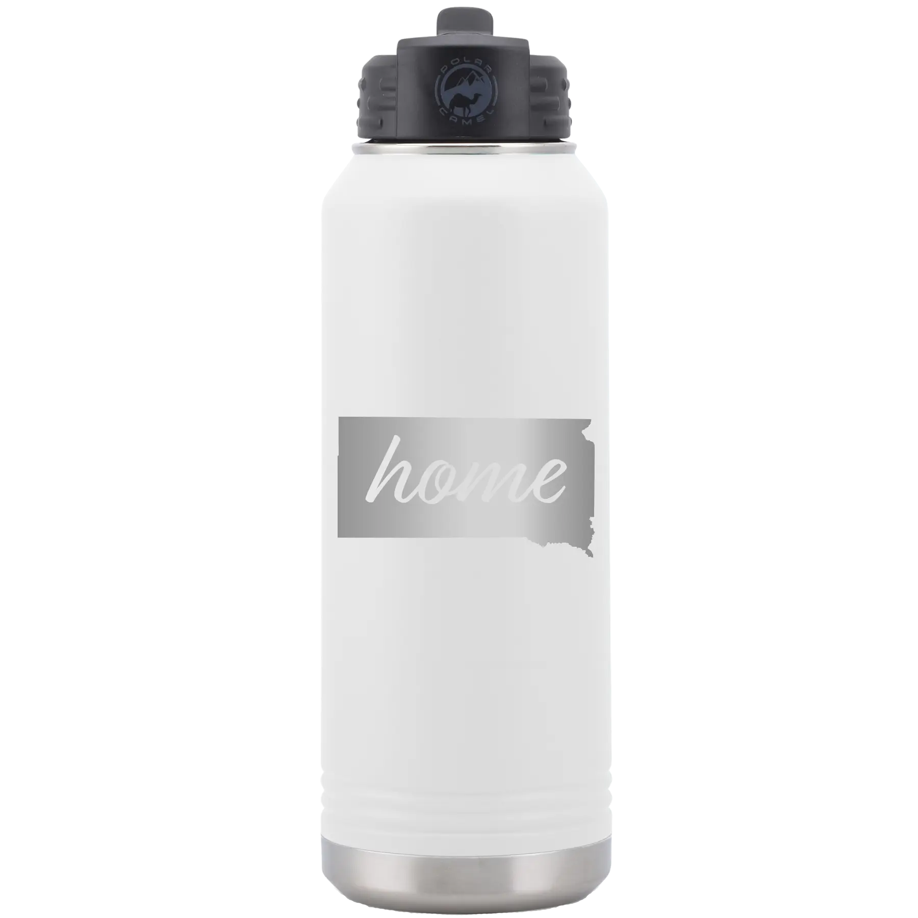 Laser etched white 32 oz vacuum insulated water bottle with 'South Dakota Home' design