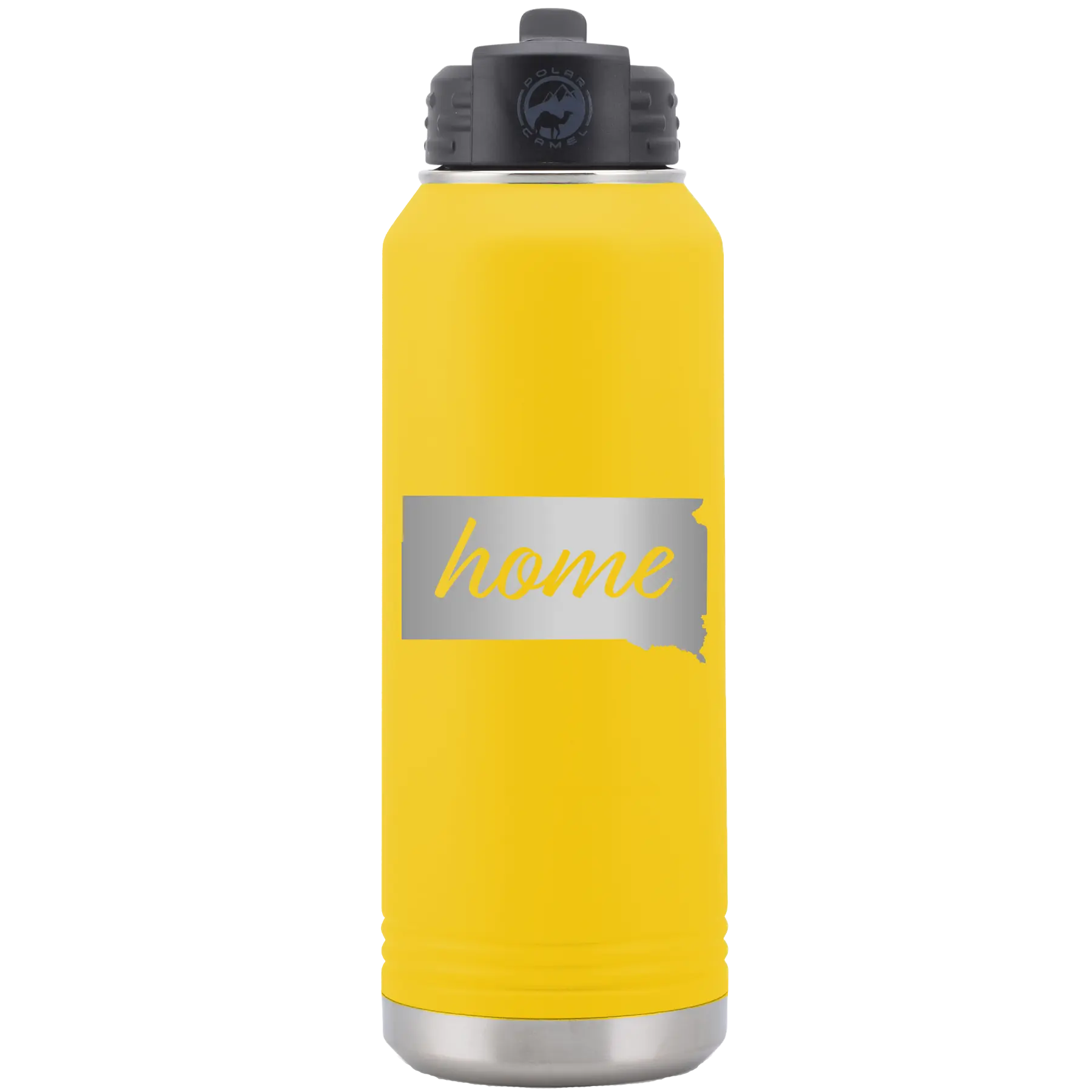 Laser etched yellow 32 oz vacuum insulated water bottle with 'South Dakota Home' design