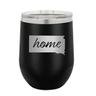 Laser etched black 12 oz vacuum insulated wine cup with 'South Dakota Home' design