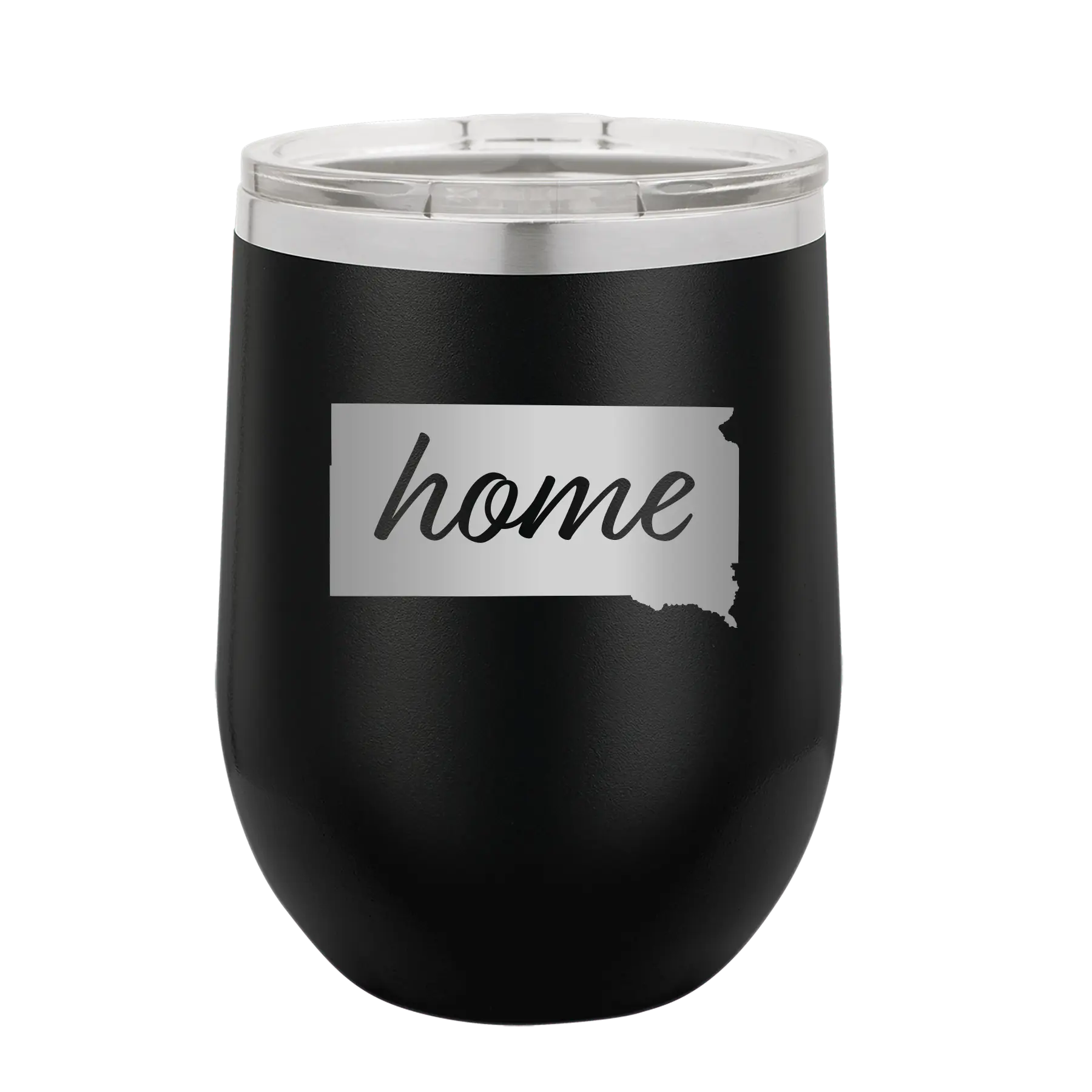 Laser etched black 12 oz vacuum insulated wine cup with 'South Dakota Home' design
