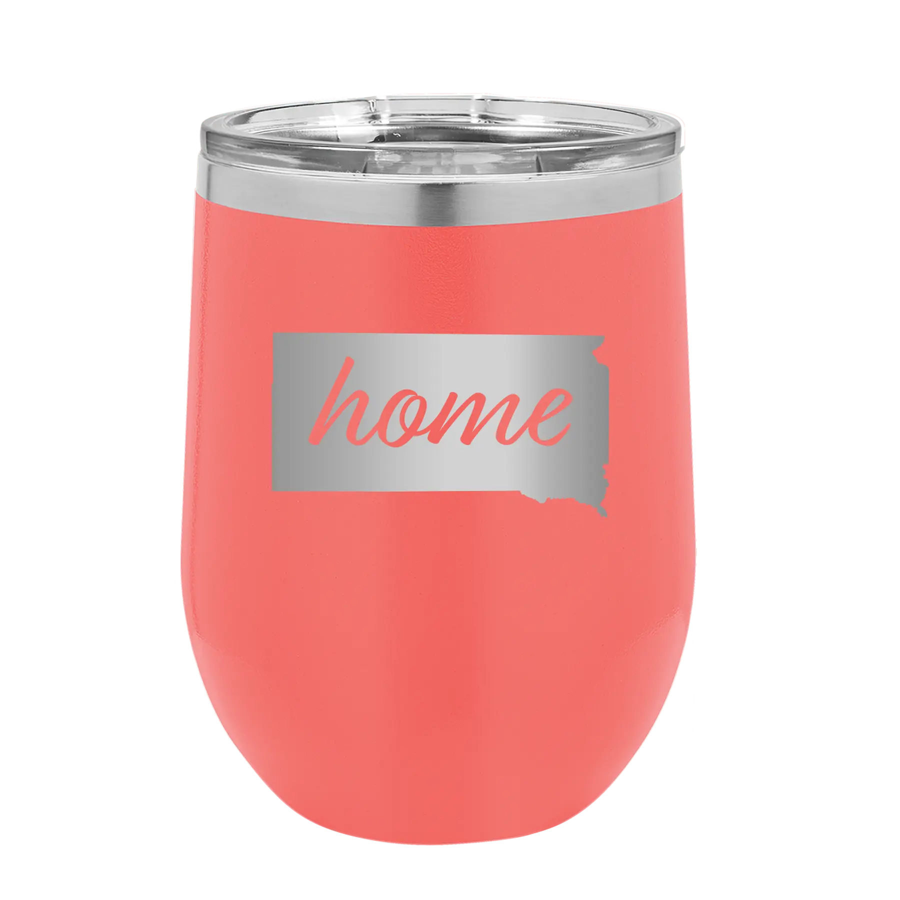 Laser etched coral 12 oz vacuum insulated wine cup with 'South Dakota Home' design