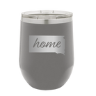 Laser etched dark gray 12 oz vacuum insulated wine cup with 'South Dakota Home' design