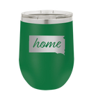 Laser etched green 12 oz vacuum insulated wine cup with 'South Dakota Home' design