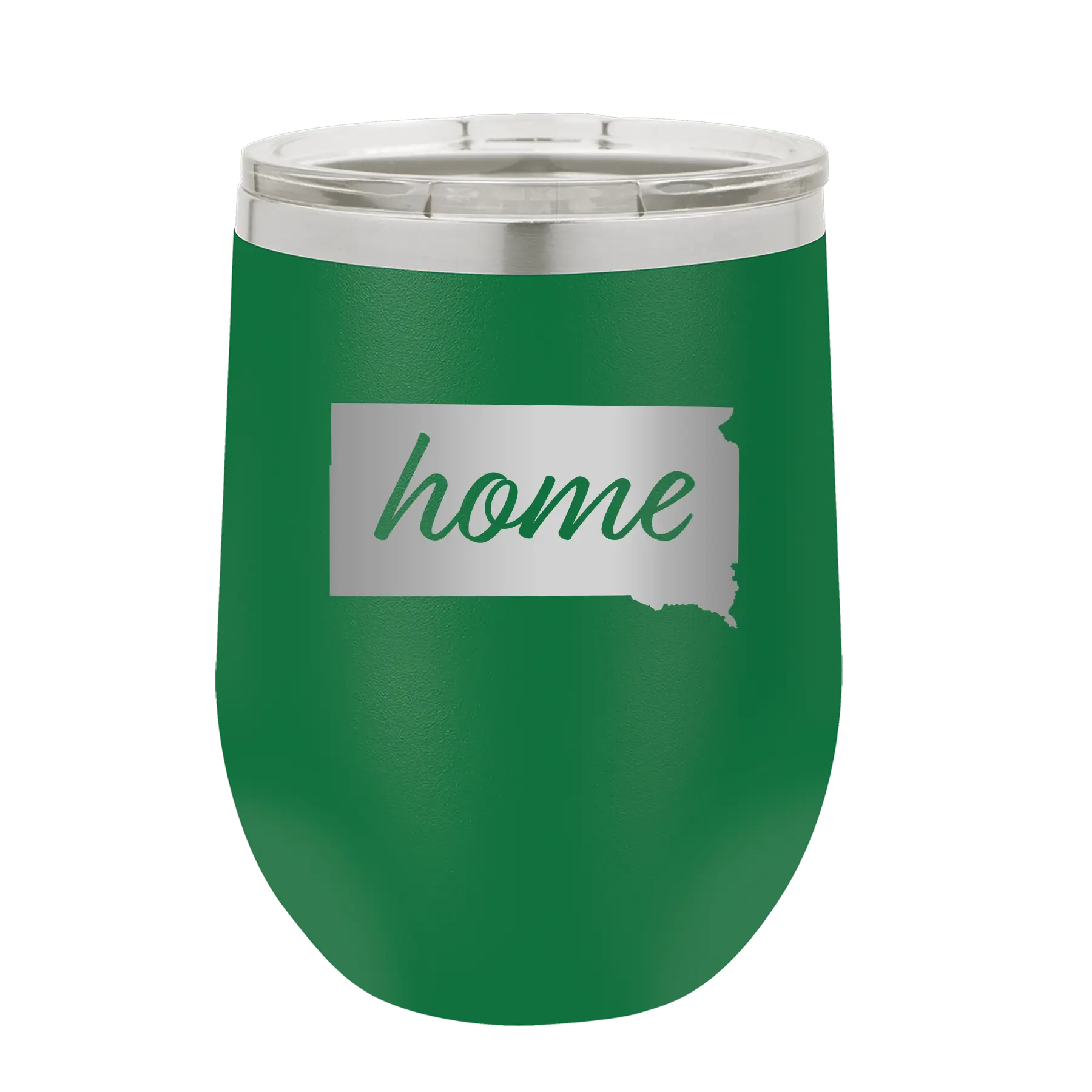 Laser etched green 12 oz vacuum insulated wine cup with 'South Dakota Home' design