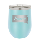 Laser etched light blue 12 oz vacuum insulated wine cup with 'South Dakota Home' design