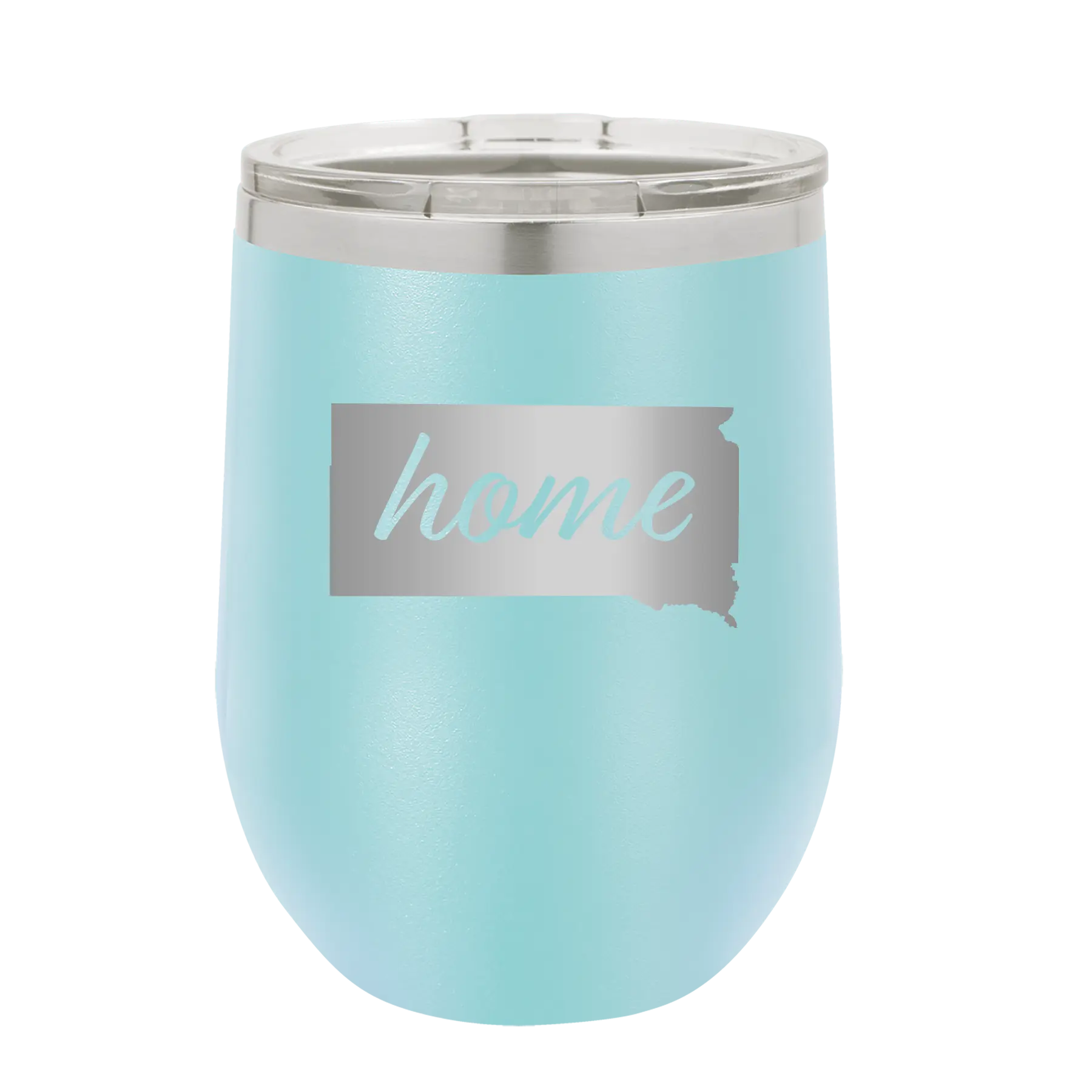 Laser etched light blue 12 oz vacuum insulated wine cup with 'South Dakota Home' design