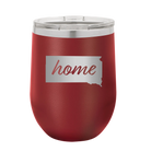 Laser etched maroon 12 oz vacuum insulated wine cup with 'South Dakota Home' design
