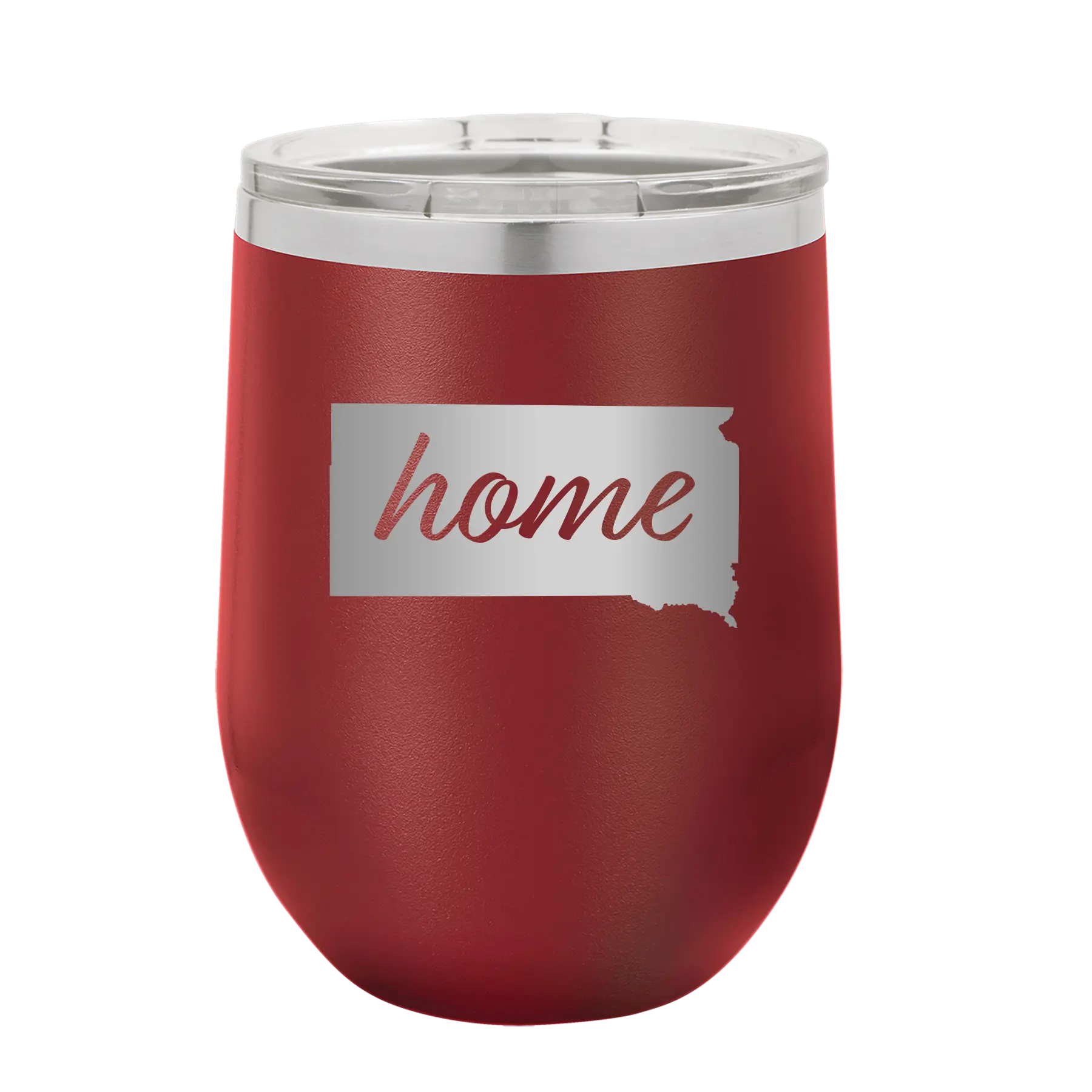 Laser etched maroon 12 oz vacuum insulated wine cup with 'South Dakota Home' design