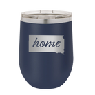 Laser etched navy 12 oz vacuum insulated wine cup with 'South Dakota Home' design