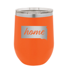 Laser etched orange 12 oz vacuum insulated wine cup with 'South Dakota Home' design