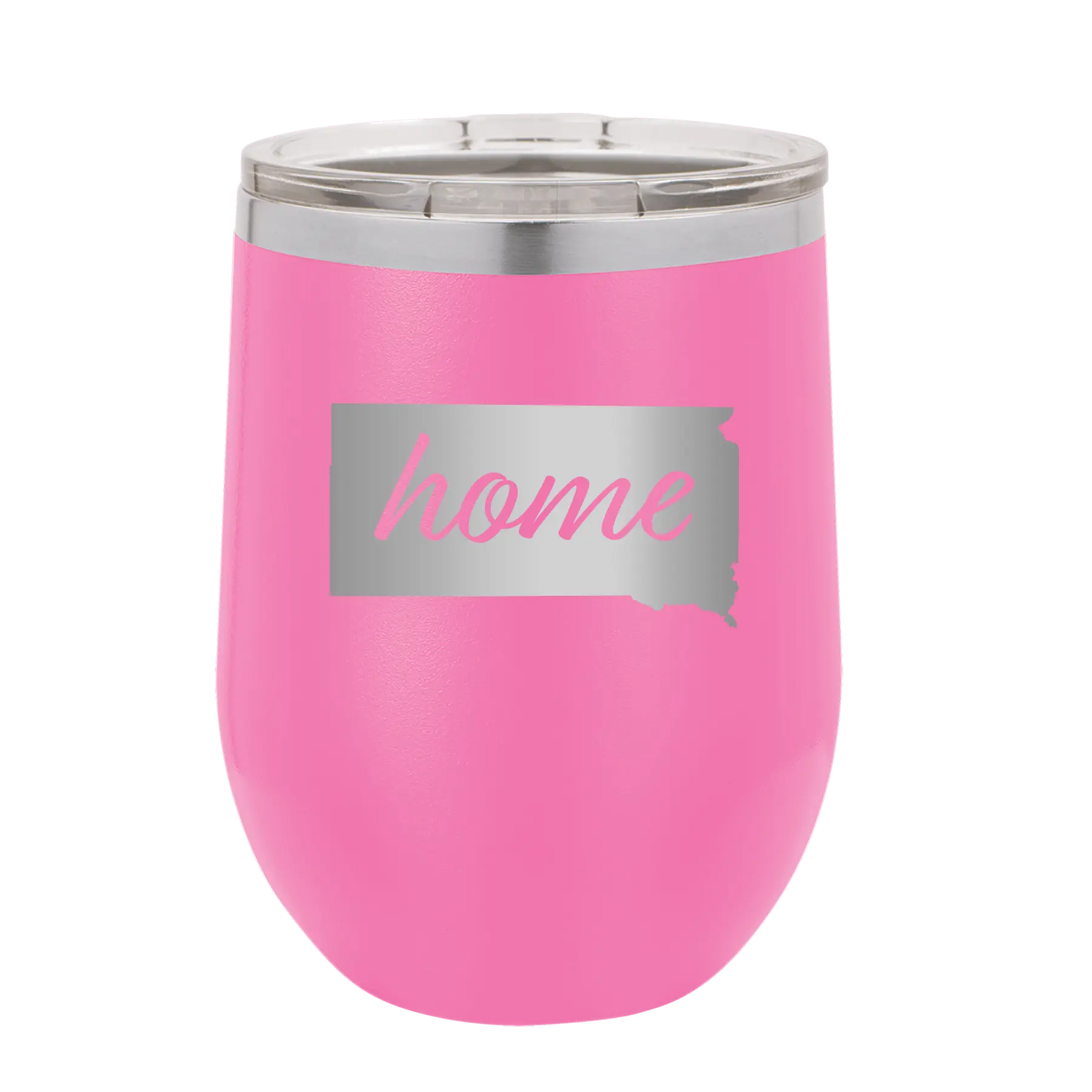 Laser etched pink 12 oz vacuum insulated wine cup with 'South Dakota Home' design