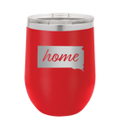 Laser etched red 12 oz vacuum insulated wine cup with 'South Dakota Home' design