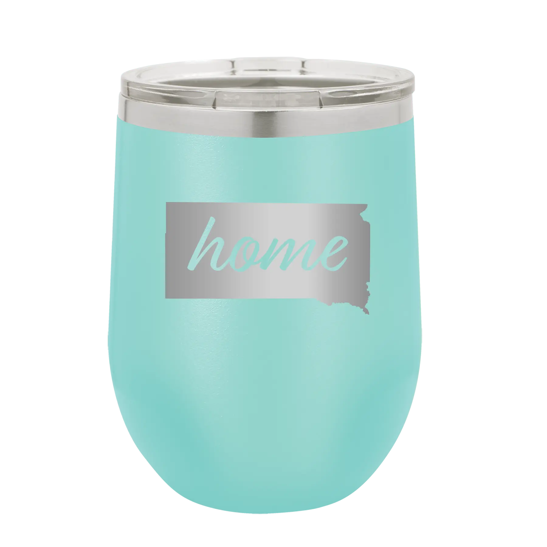 Laser etched teal 12 oz vacuum insulated wine cup with 'South Dakota Home' design