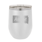 Laser etched white 12 oz vacuum insulated wine cup with 'South Dakota Home' design