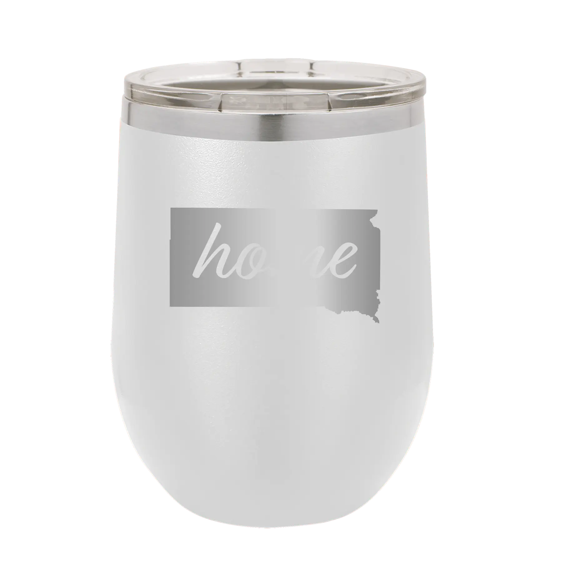 Laser etched white 12 oz vacuum insulated wine cup with 'South Dakota Home' design
