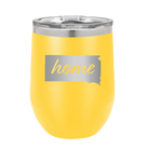 Laser etched yellow 12 oz vacuum insulated wine cup with 'South Dakota Home' design