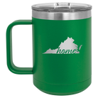 Laser etched green 15 oz vacuum insulated coffee mug with 'Virginia Home' design