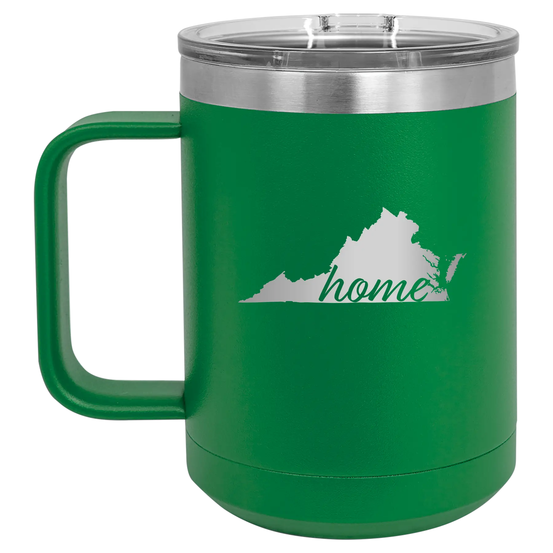 Laser etched green 15 oz vacuum insulated coffee mug with 'Virginia Home' design