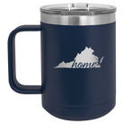 Laser etched navy 15 oz vacuum insulated coffee mug with 'Virginia Home' design