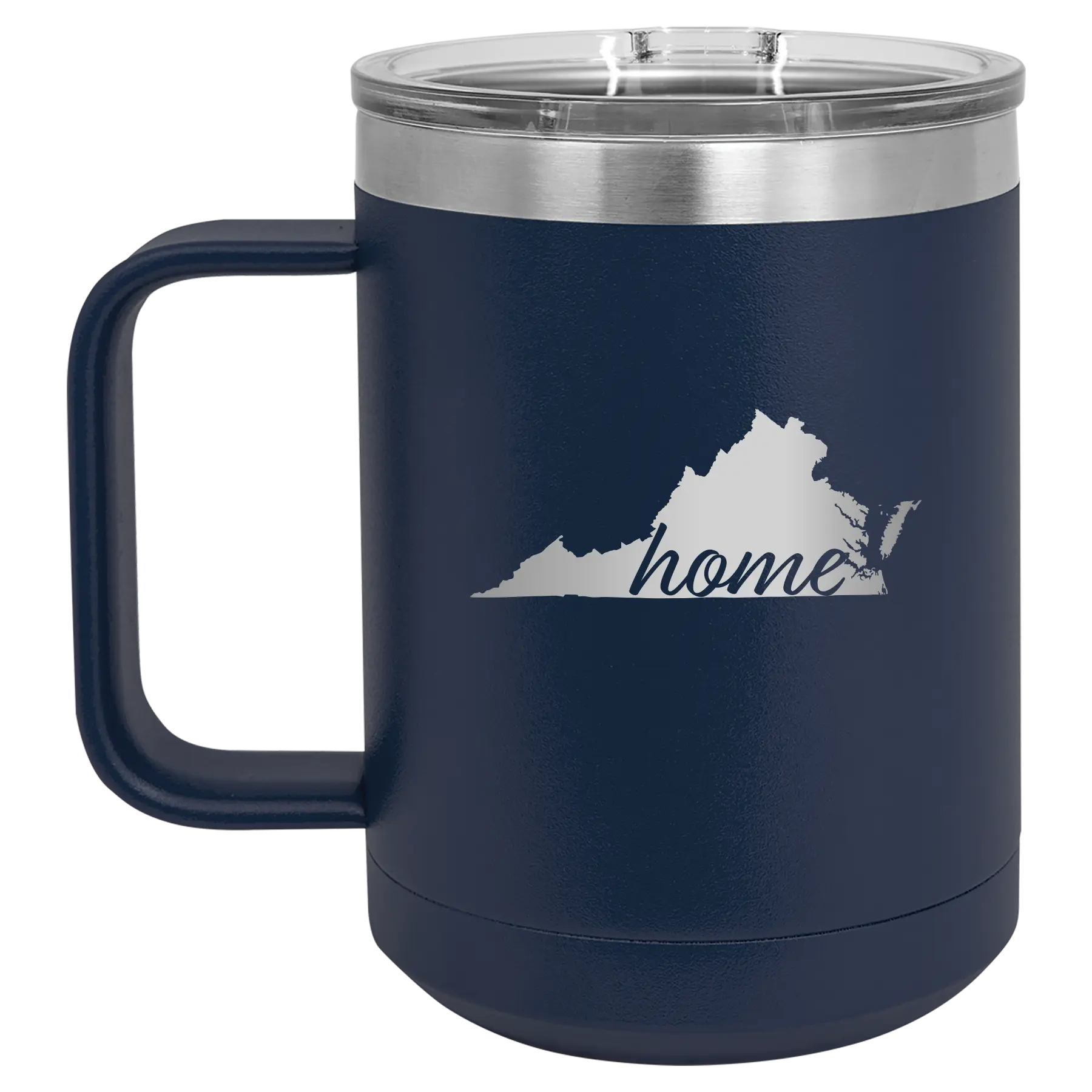 Laser etched navy 15 oz vacuum insulated coffee mug with 'Virginia Home' design
