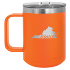 Laser etched orange 15 oz vacuum insulated coffee mug with 'Virginia Home' design