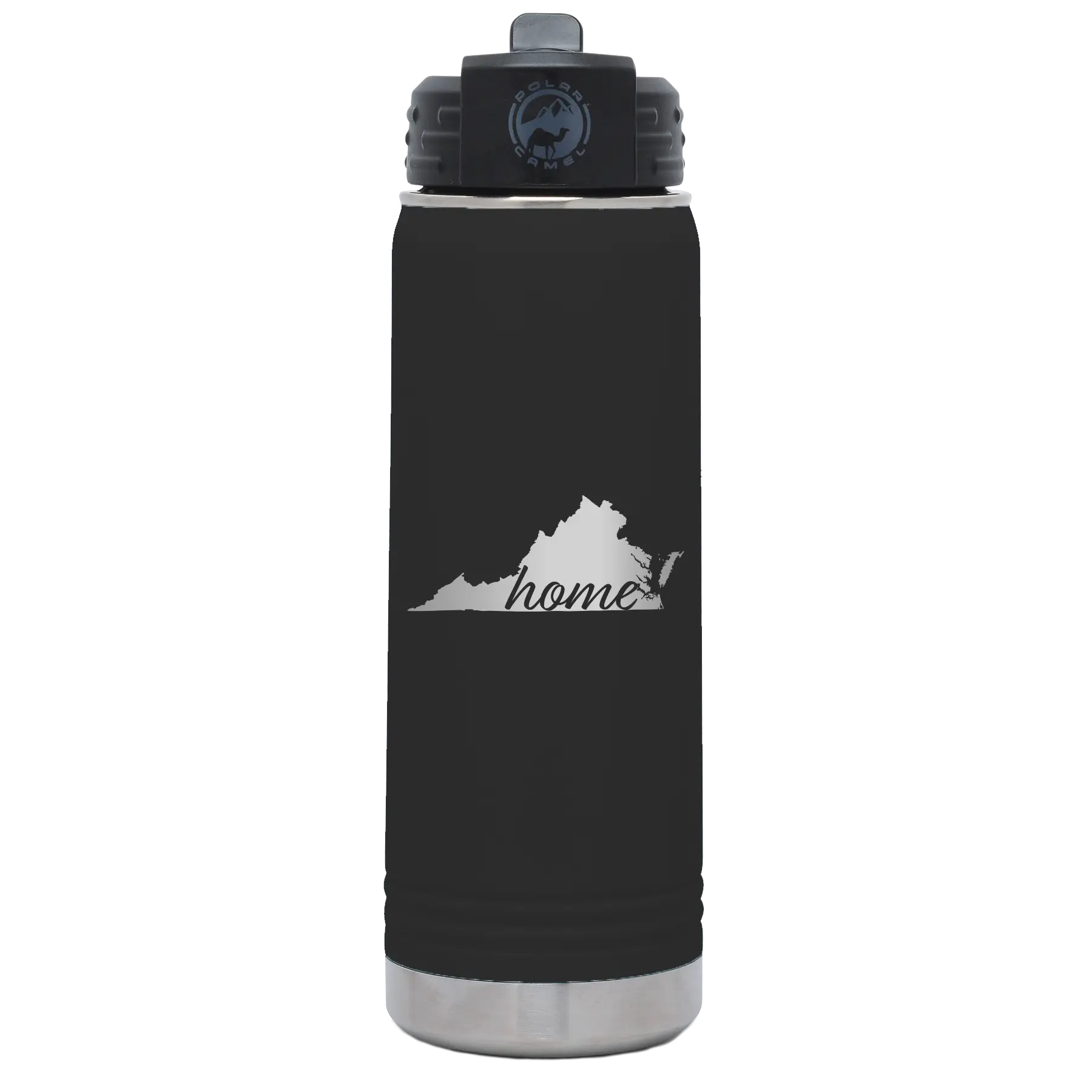 Laser etched black 20 oz vacuum insulated water bottle with 'Virginia Home' design