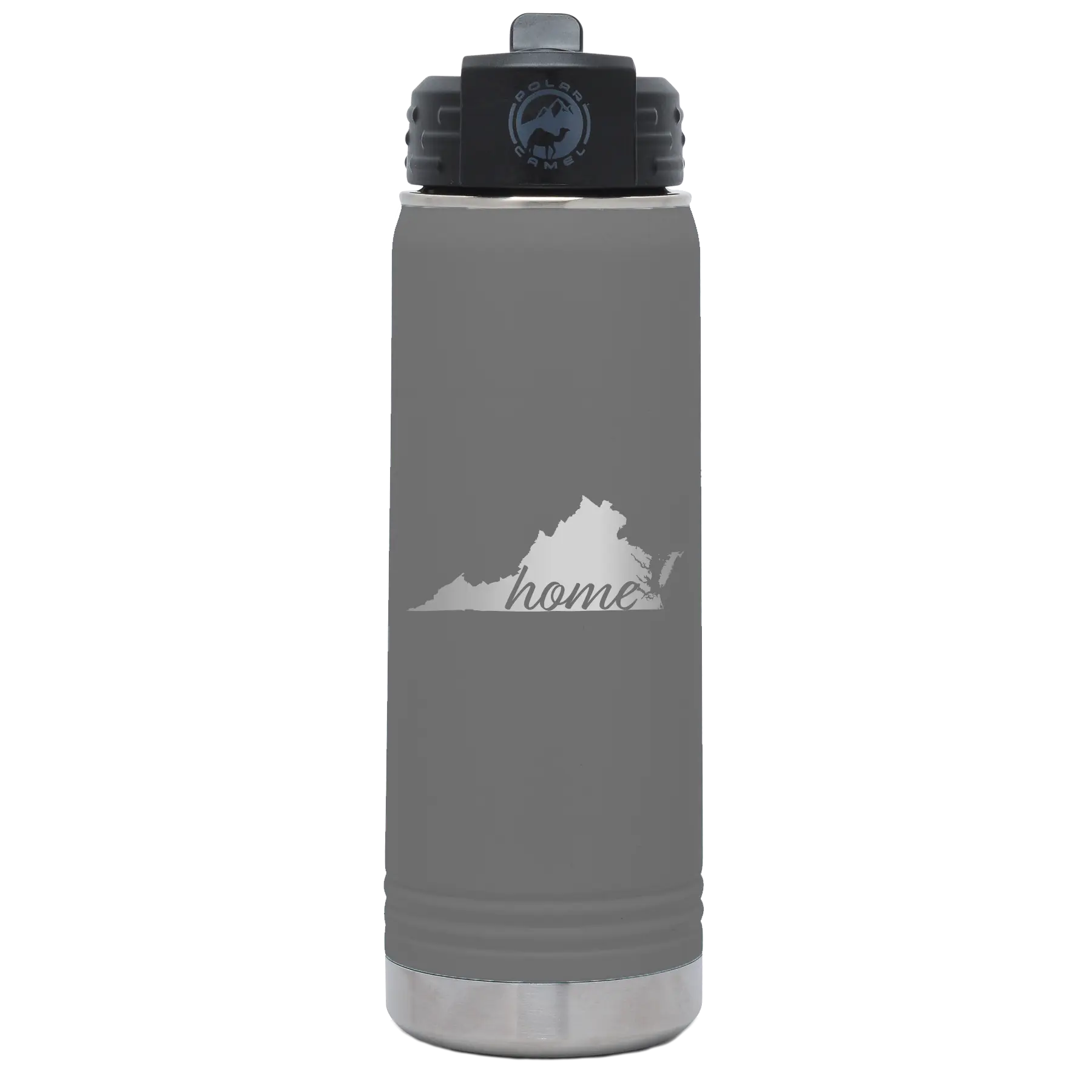 Laser etched dark gray 20 oz vacuum insulated water bottle with 'Virginia Home' design