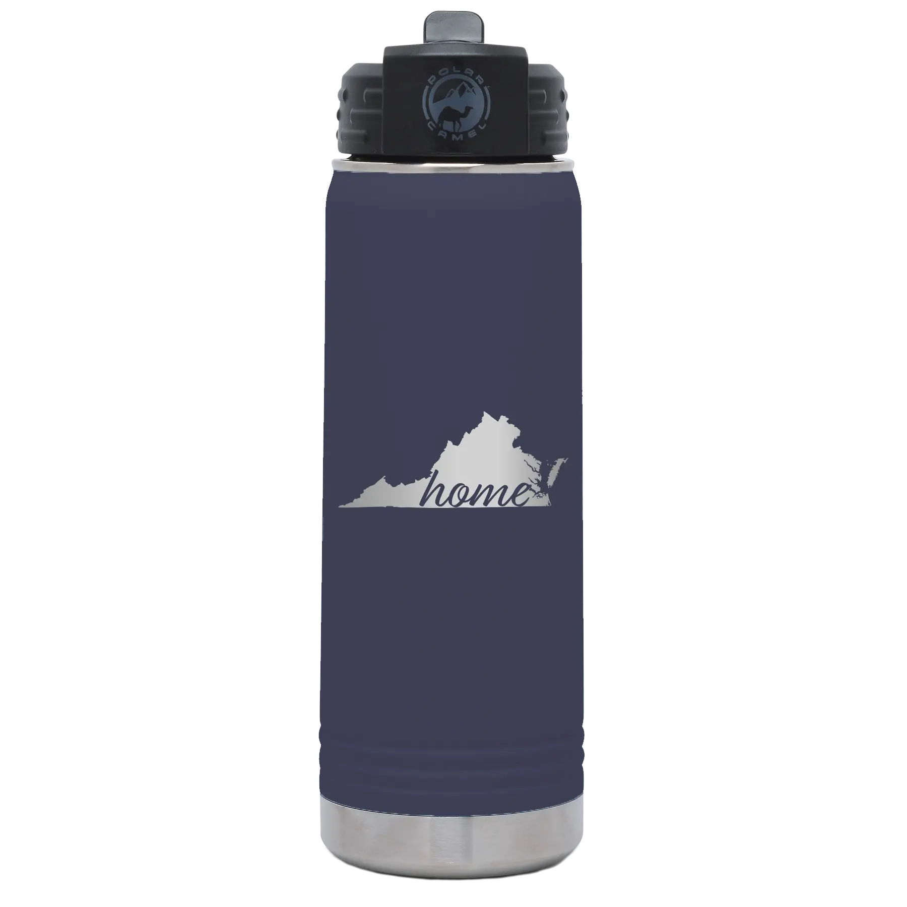 Laser etched navy 20 oz vacuum insulated water bottle with 'Virginia Home' design