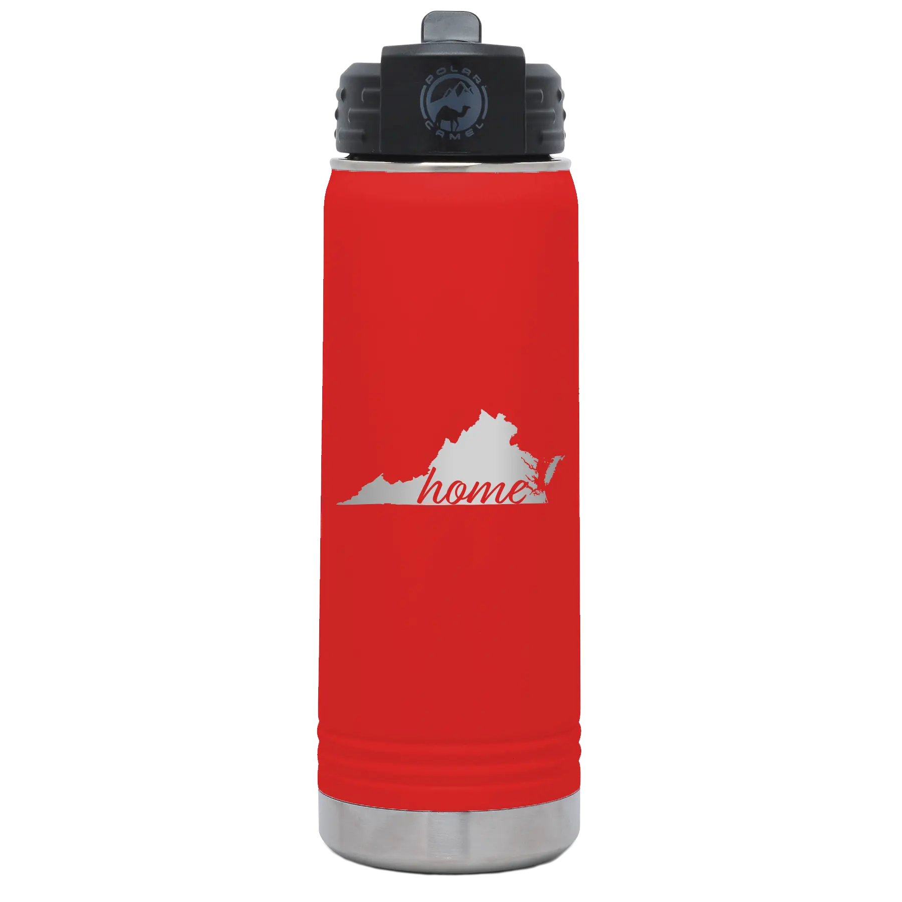 Laser etched red 20 oz vacuum insulated water bottle with 'Virginia Home' design