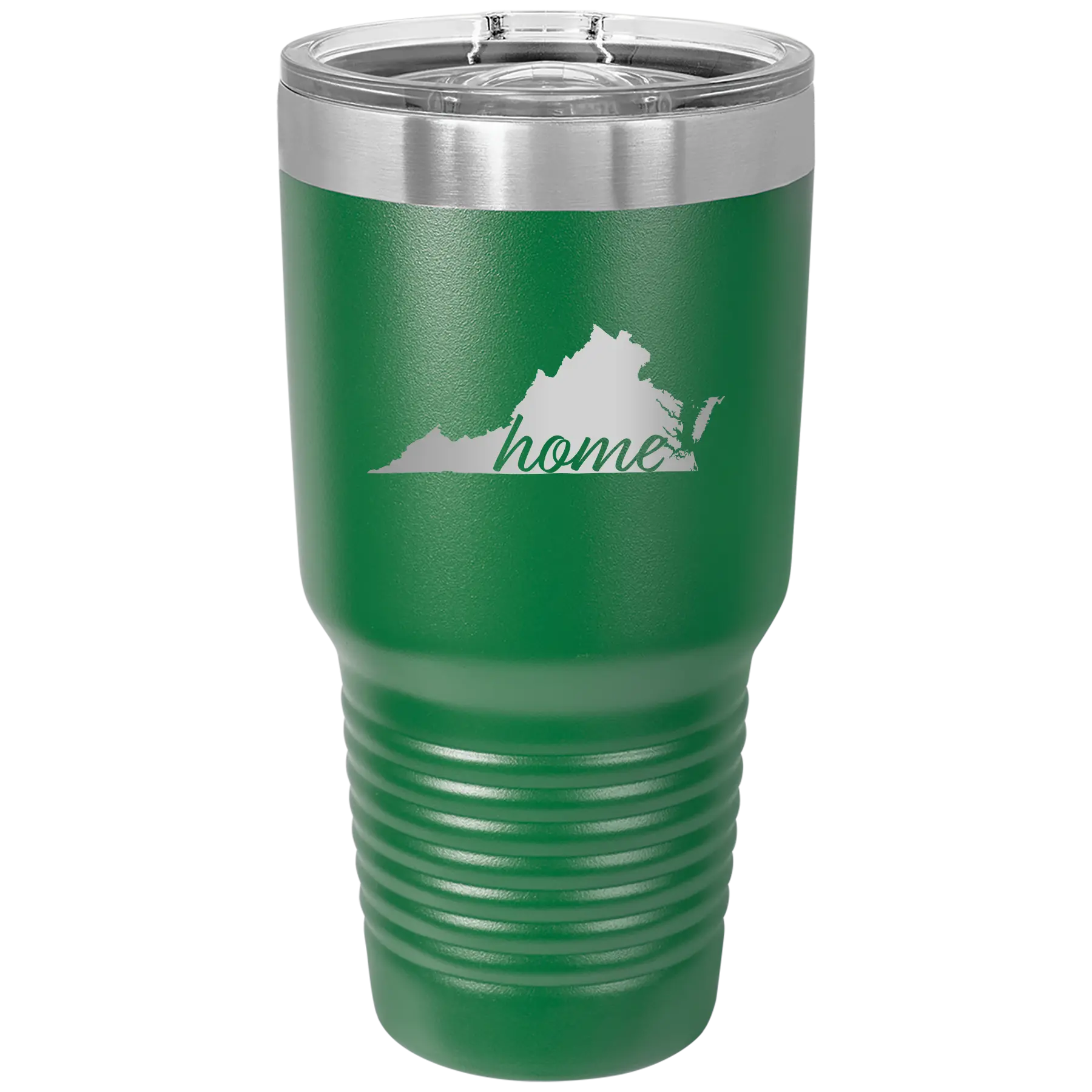 Laser etched green 30 oz vacuum insulated tumbler with 'Virginia Home' design