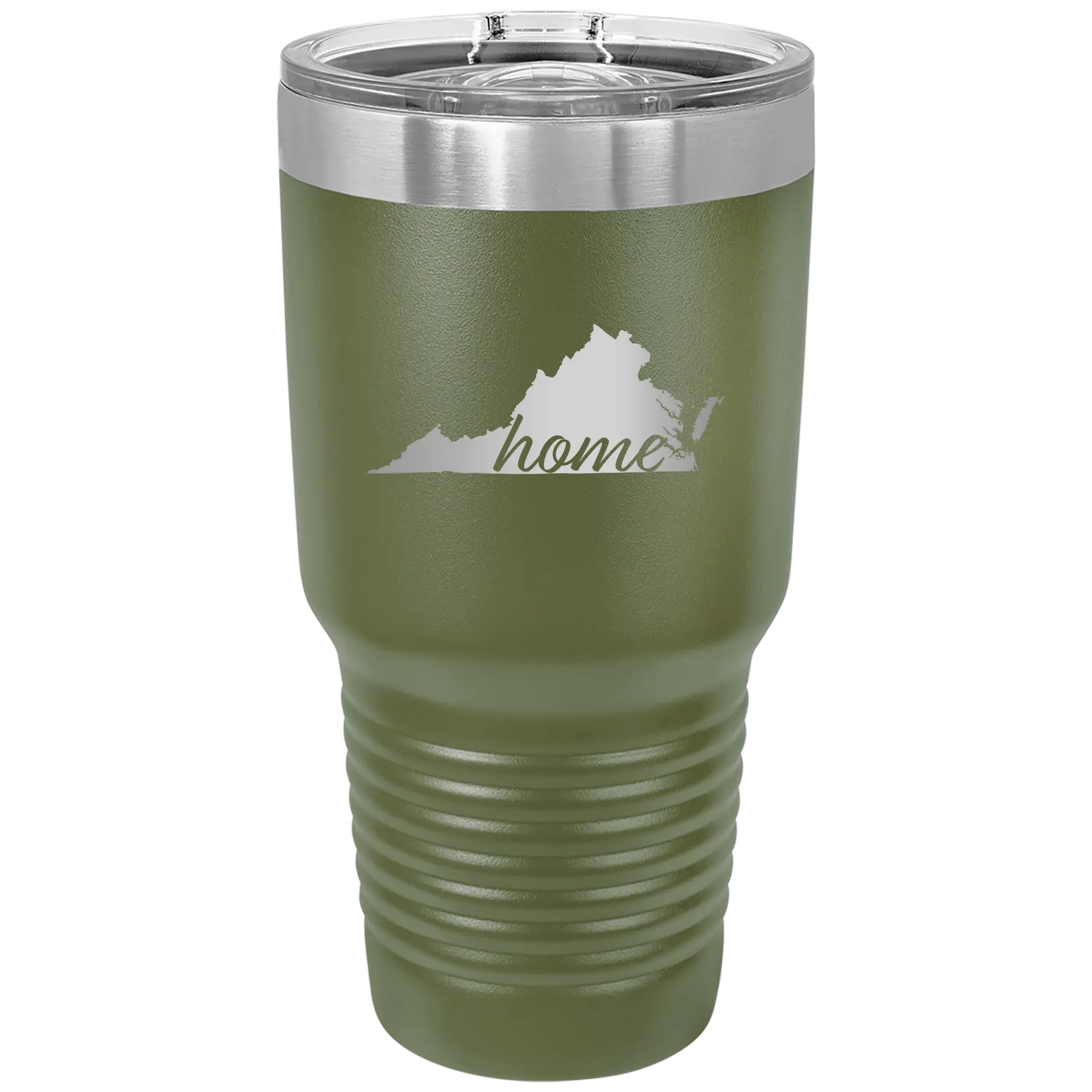 Laser etched olive green 30 oz vacuum insulated tumbler with 'Virginia Home' design