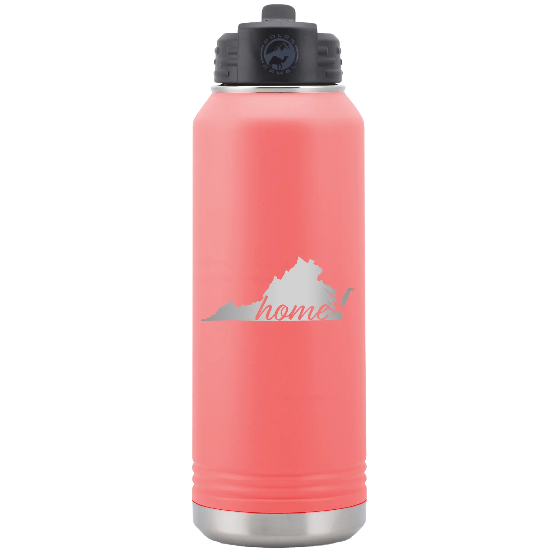 Laser etched coral 32 oz vacuum insulated water bottle with 'Virginia Home' design