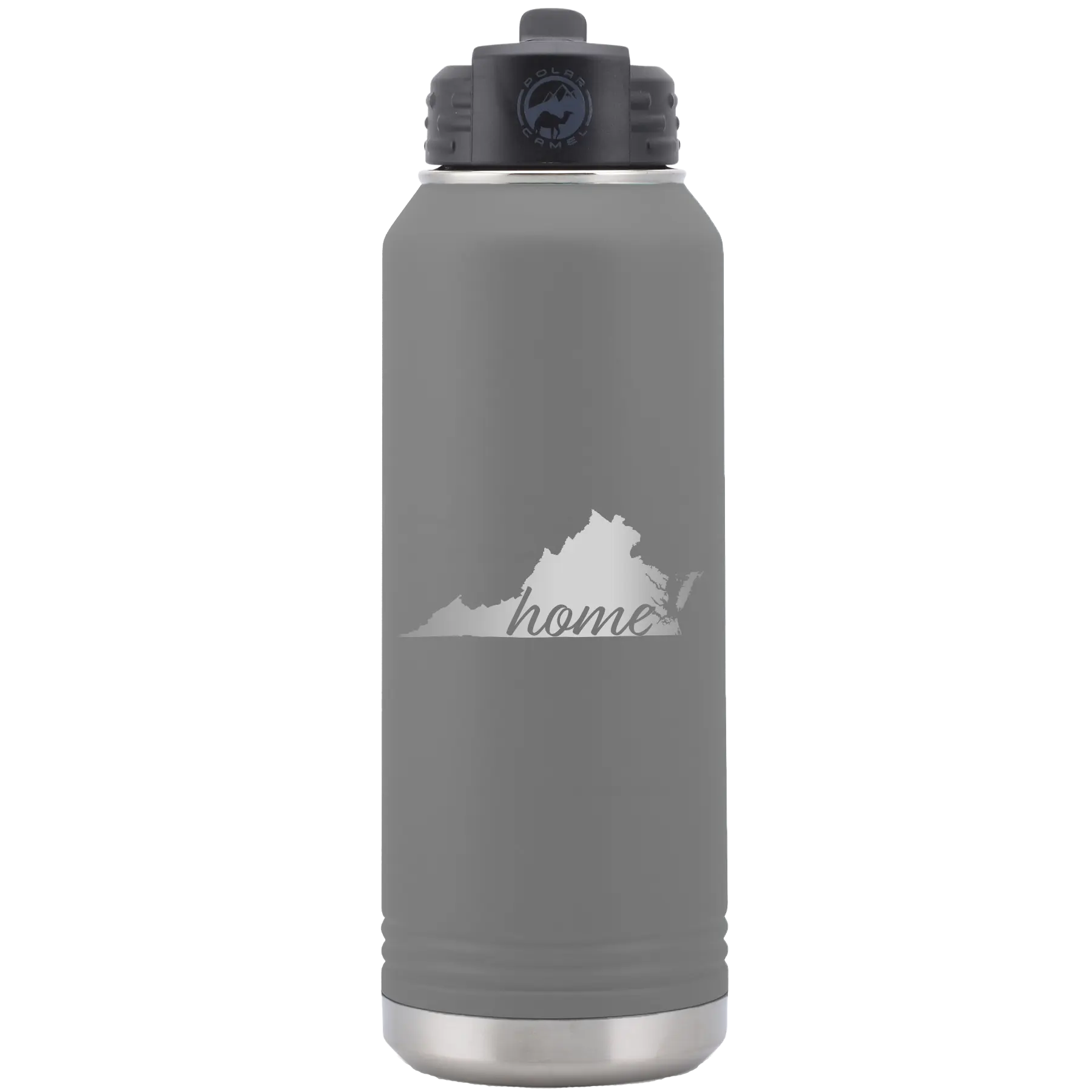 Laser etched dark gray 32 oz vacuum insulated water bottle with 'Virginia Home' design