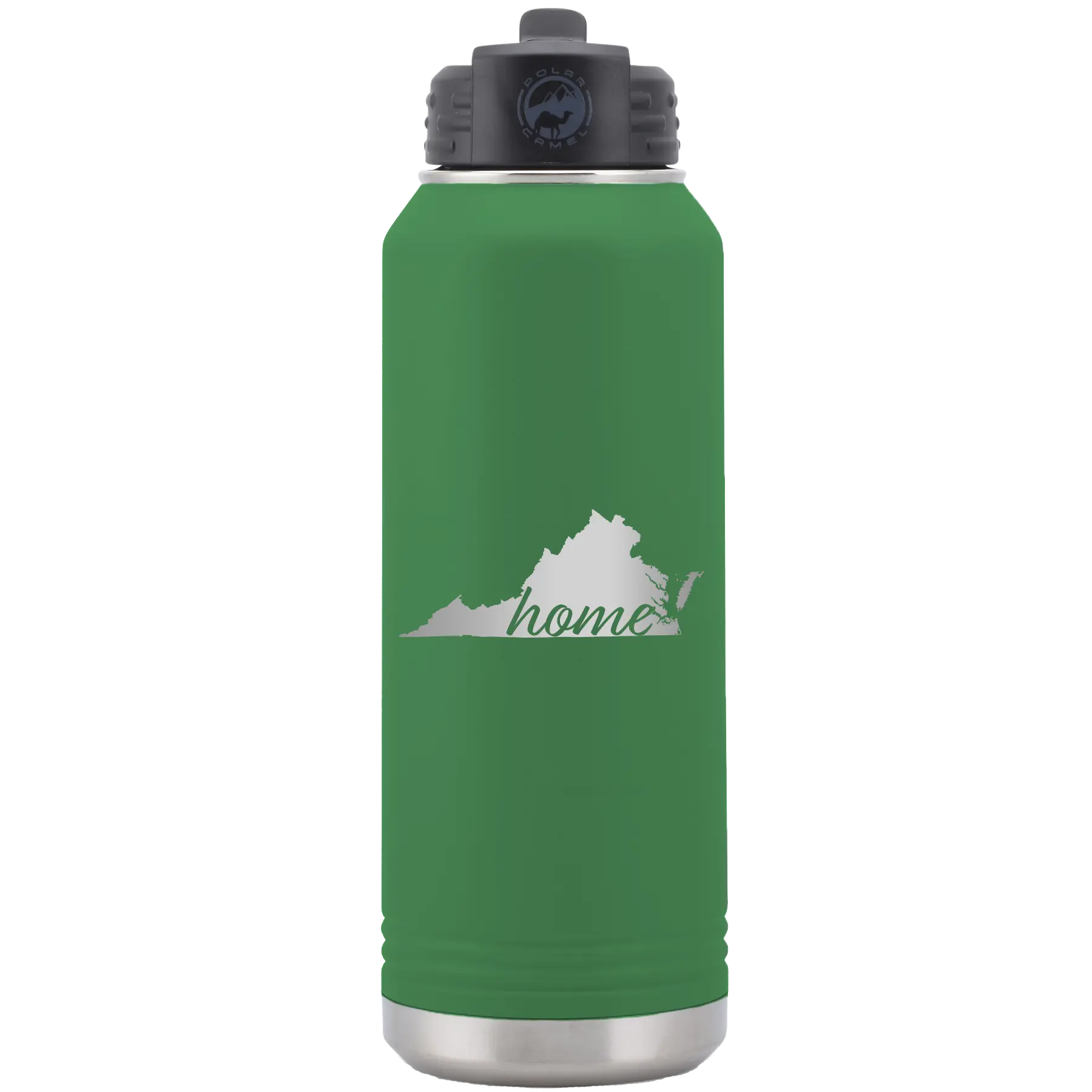 Laser etched green 32 oz vacuum insulated water bottle with 'Virginia Home' design