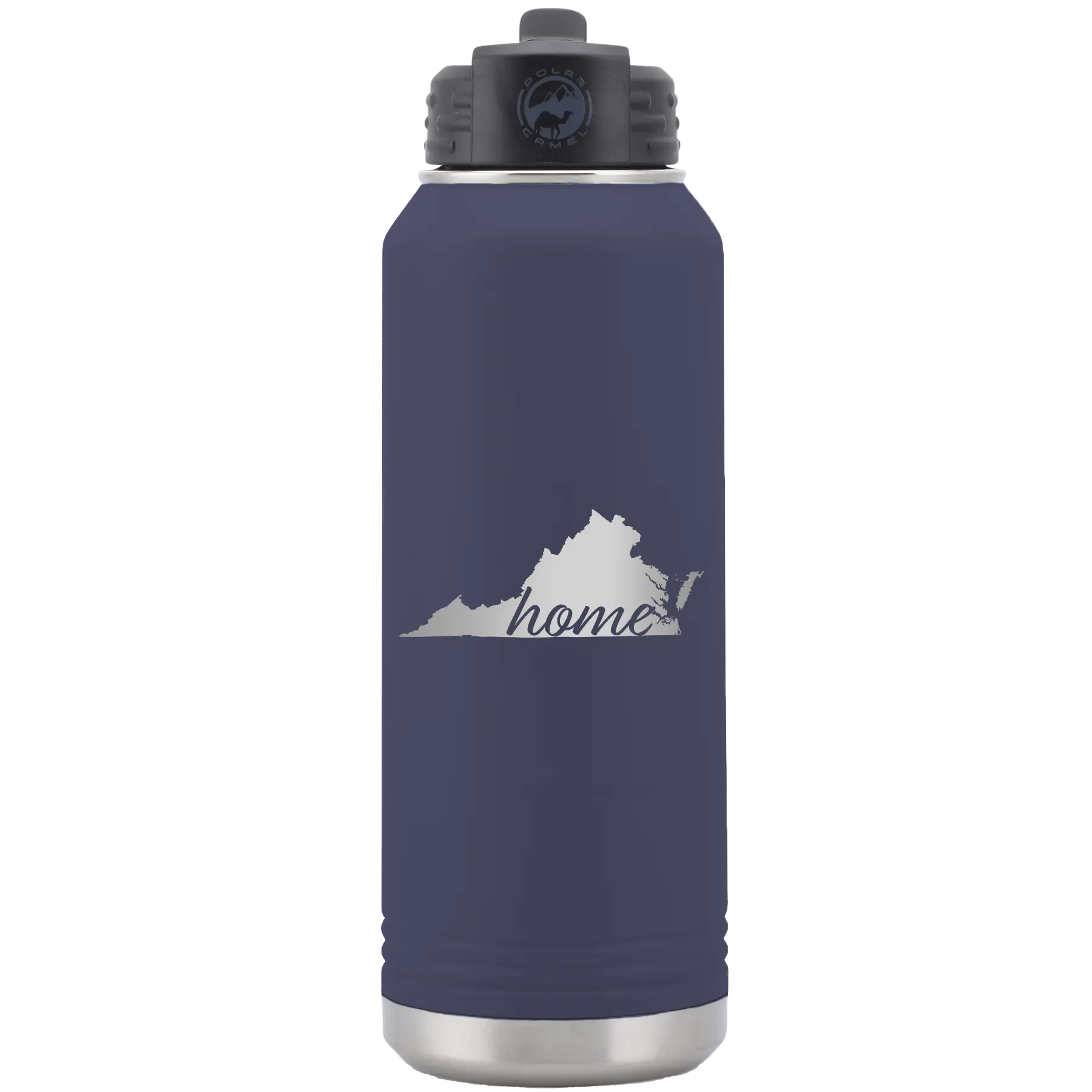Laser etched navy 32 oz vacuum insulated water bottle with 'Virginia Home' design