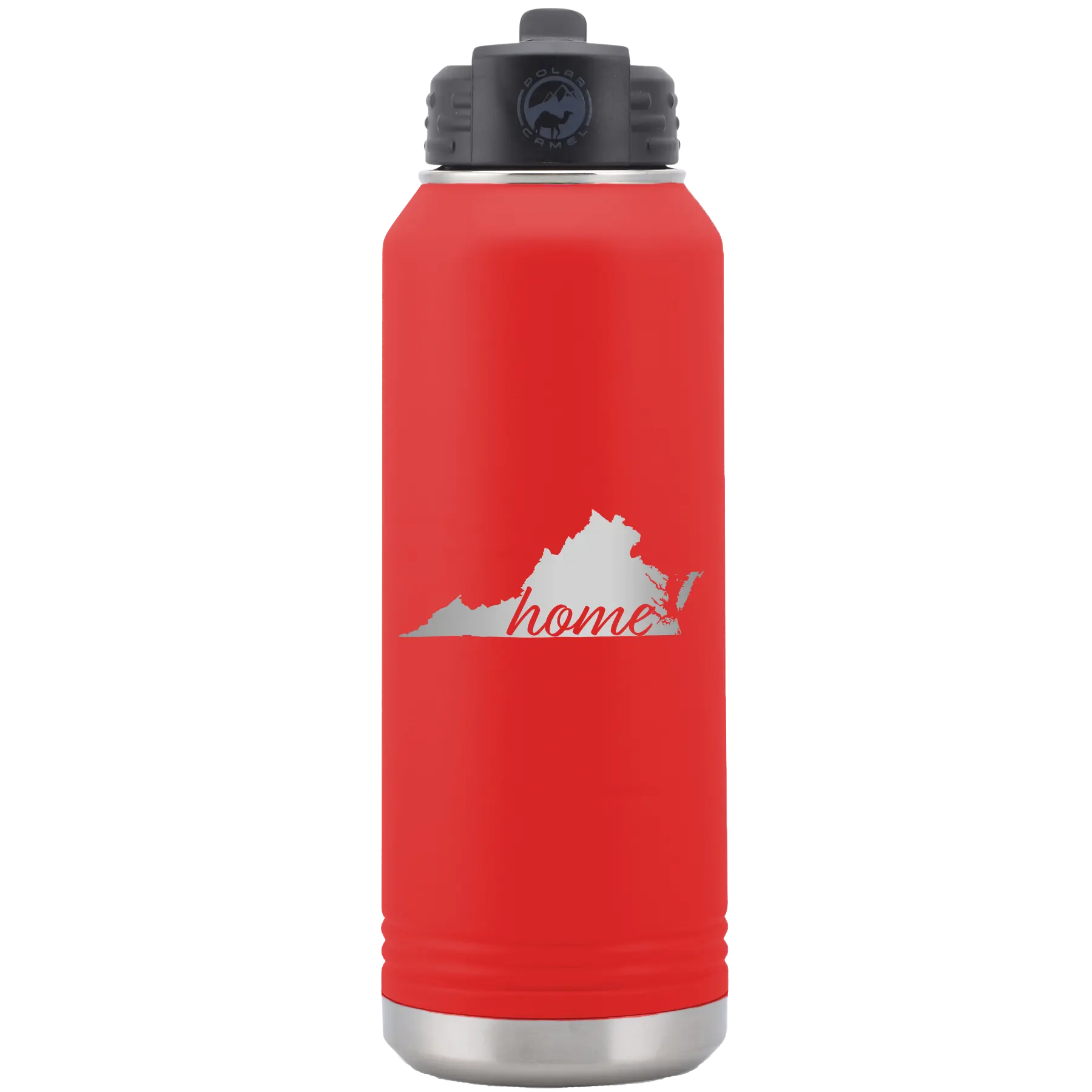 Laser etched red 32 oz vacuum insulated water bottle with 'Virginia Home' design