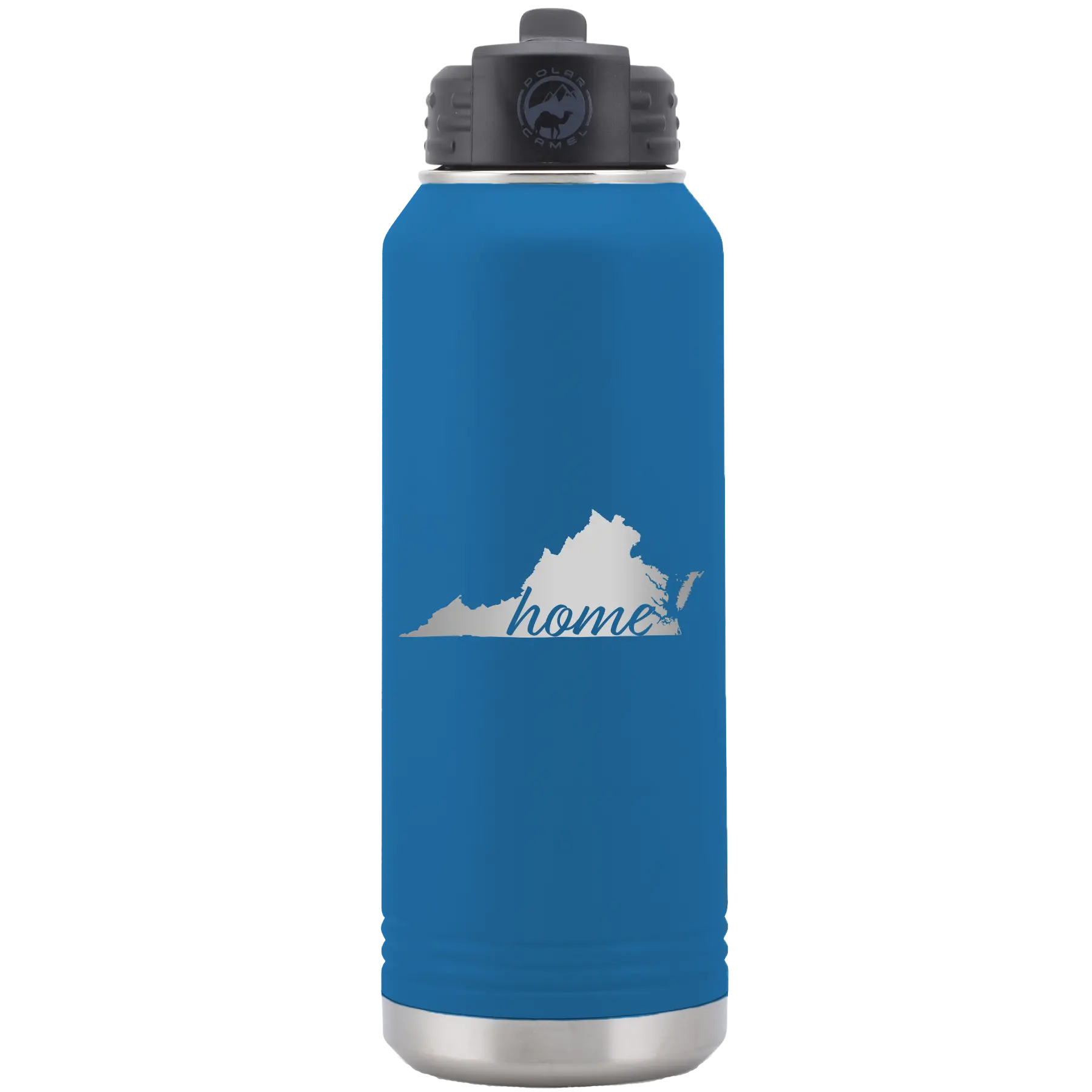Laser etched royal blue 32 oz vacuum insulated water bottle with 'Virginia Home' design