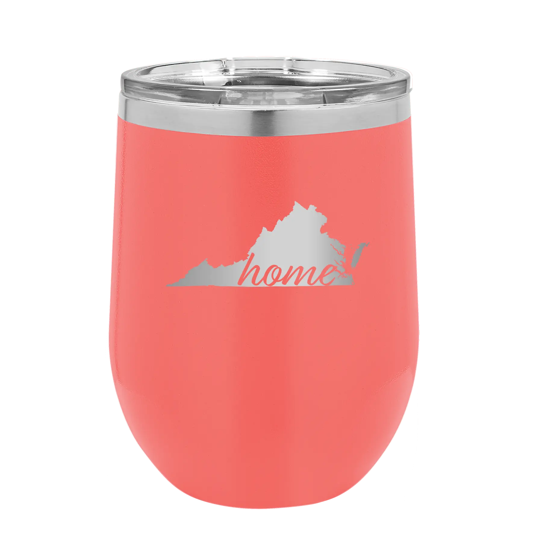 Laser etched coral 12 oz vacuum insulated wine cup with 'Virginia Home' design