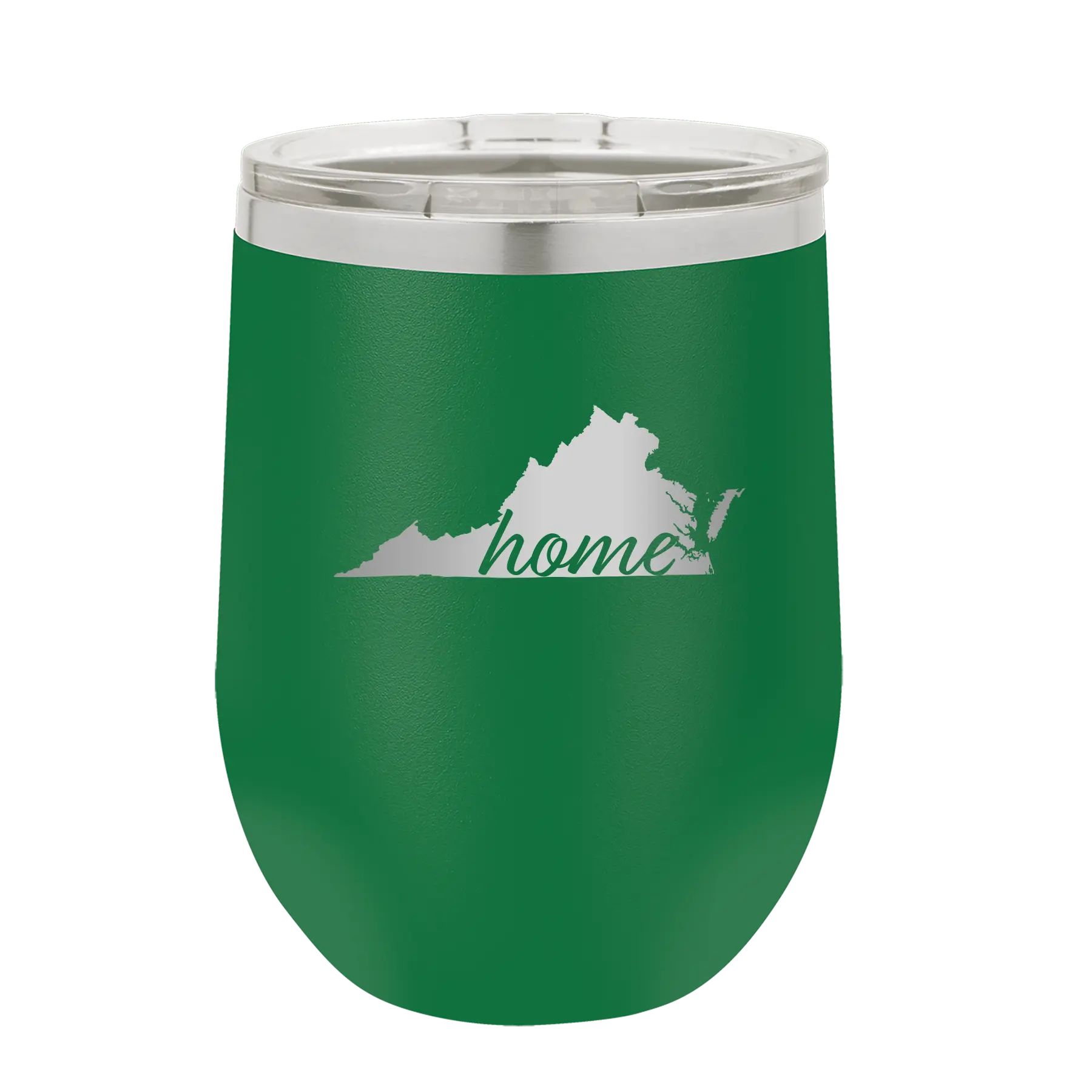 Laser etched green 12 oz vacuum insulated wine cup with 'Virginia Home' design