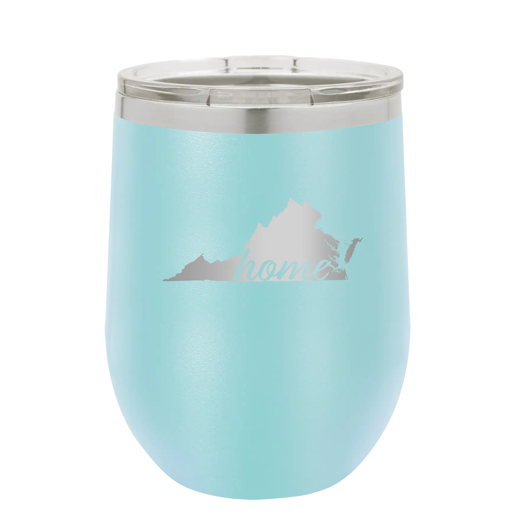 Laser etched light blue 12 oz vacuum insulated wine cup with 'Virginia Home' design