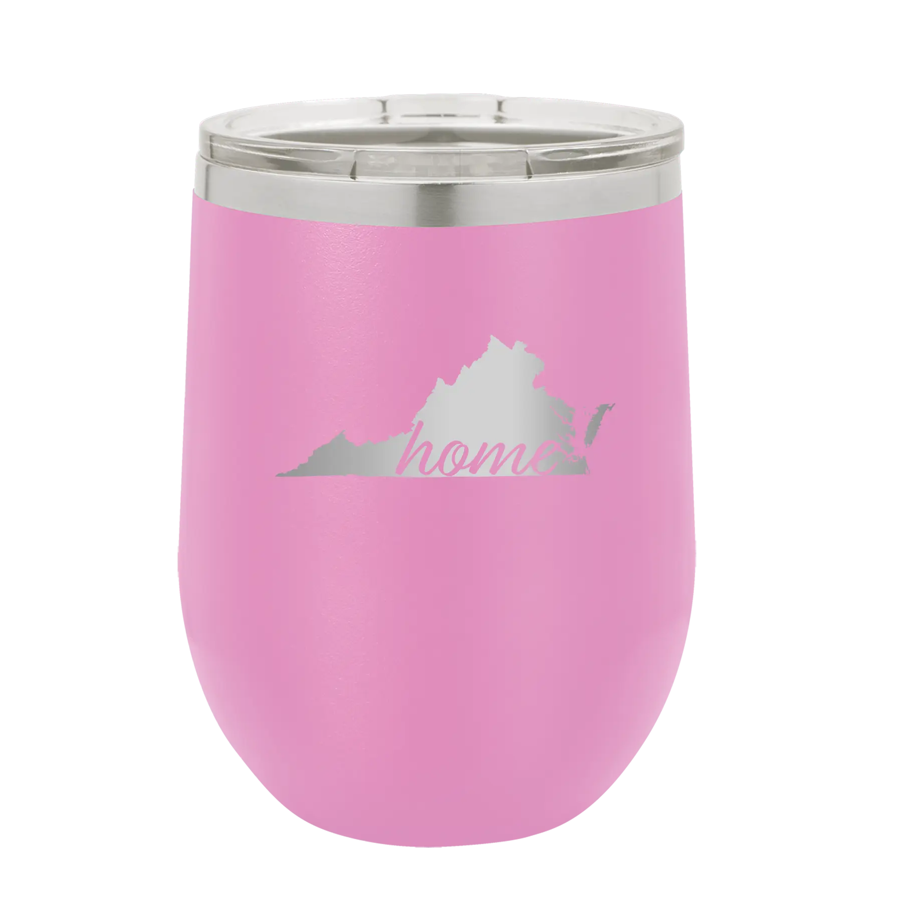 Laser etched light purple 12 oz vacuum insulated wine cup with 'Virginia Home' design